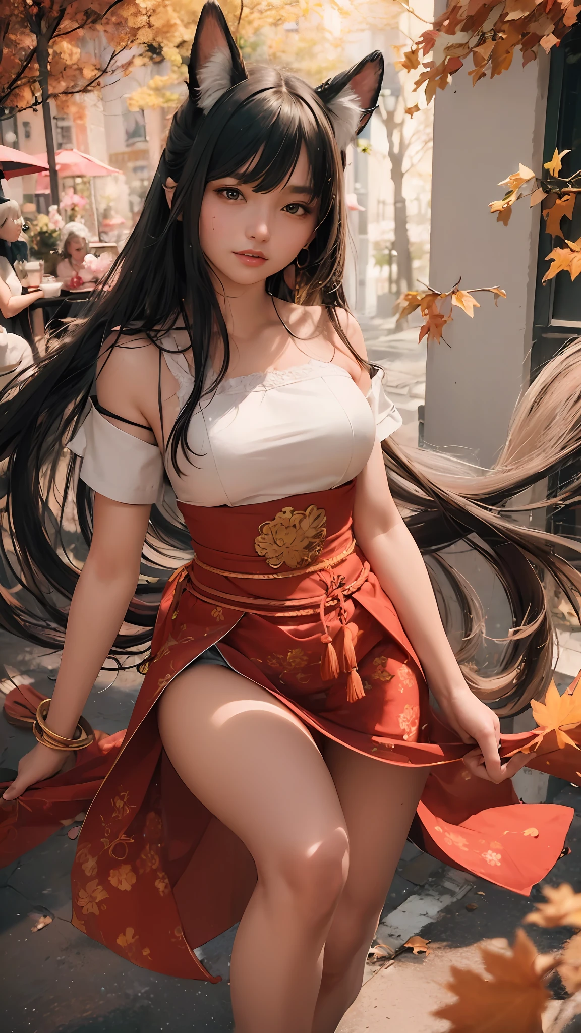 best quality, (masterpiece:1.35), wallpaper, (illustration), original,
(depth of field), (1girl:1.35), (solo), full body, dynamic,
detailed face,mature female, adult, (old:1.3), Medium breasts, Amused, happy,miko clothes, flower trim,absurdly long hair, black hair,dog ears
volumetric lighting, fall leaves, Tyndall effect,