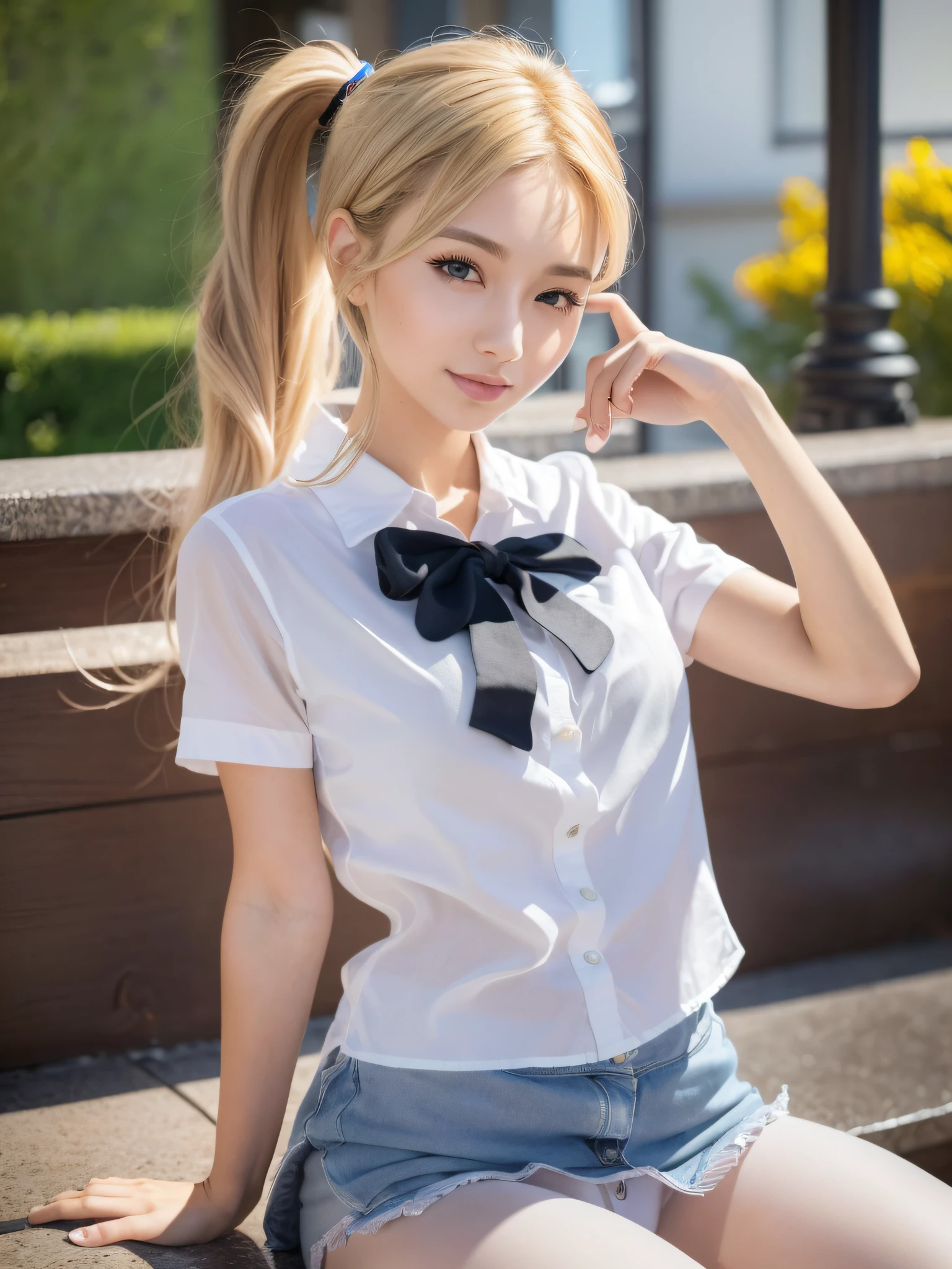 Realistic, Photorealistic: 1.37, Masterpiece, Colorful, Fine Indidel, Big, Beautiful Skin, Fair Skin, One Woman, (20 Years Old Beautiful Korean Woman: 1.1), (KPOP Idol, Mixed), (Caucasian and Mixed), Western Face, Ultra High Definition, (8k, RAW Photo, Best Quality, Masterpiece: 1.2), Rich Bust, Beautiful Eyes, (50mm Sigma f/) 1.4 Zeiss lens, f1.2, 1/800 sec, ISO 100, photo: 1.1), (ponytail + blonde: 1.2), (realistic: 1.4), bokeh, sharp, (photorealistic), live action photo, solo, top quality, very beautiful face, very beautiful eyes, beautiful detailed eyes, floating hair, (school uniform, sheer light shirt blouse, Very short mini skirt, pleated skirt, white panties, thin, super beautiful legs, tall, slim legs, (thigh gap), (panties), (model: 1.2), smile from the front: 1.1, dynamic pose, (makeup: 1.2), sitting
