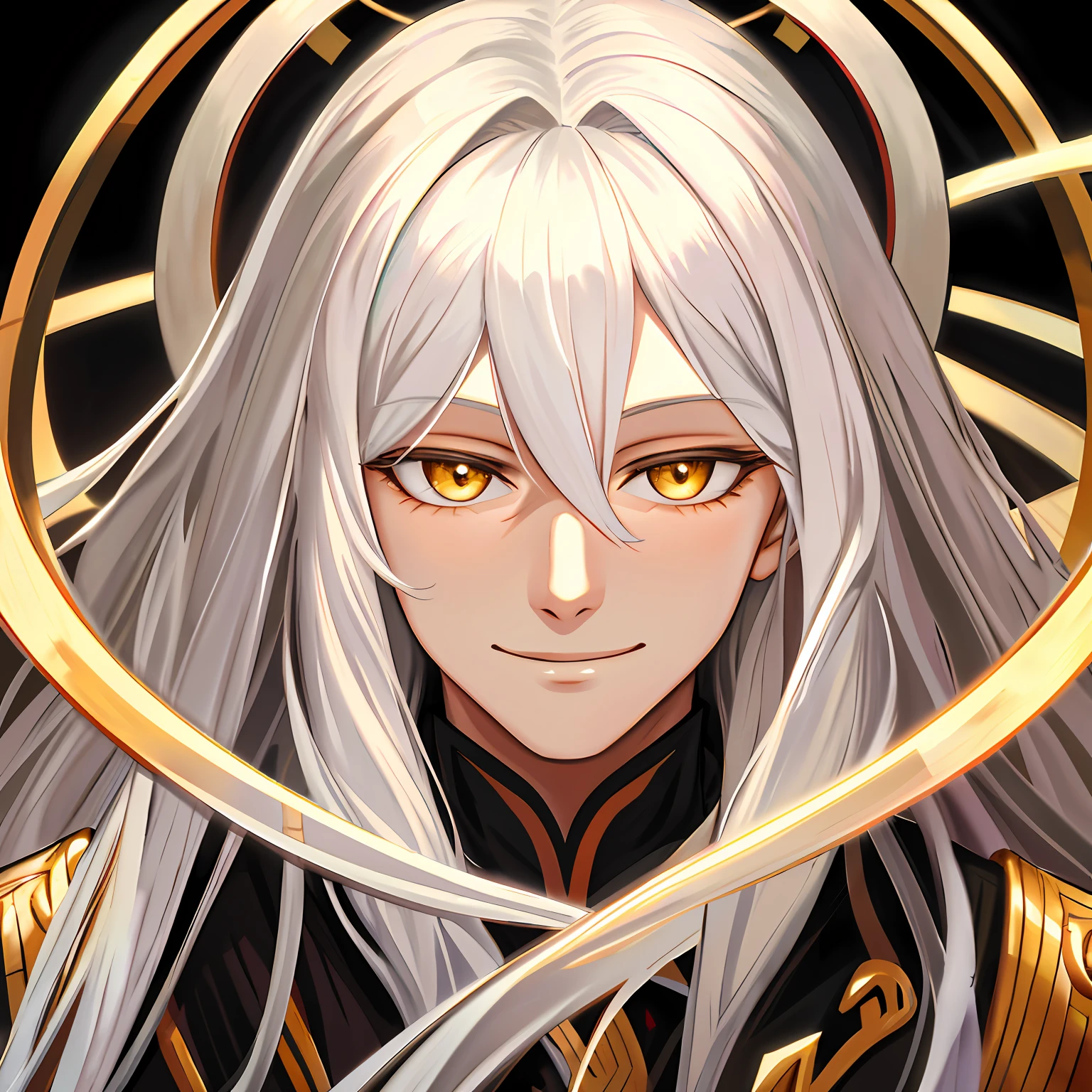 Close-up of the face, long white hair, ancient style handsome boy, high resolution of face stripes, golden hair, eyes are very spiritual, and cute and domineering, smiling at the audience, oil painting anime