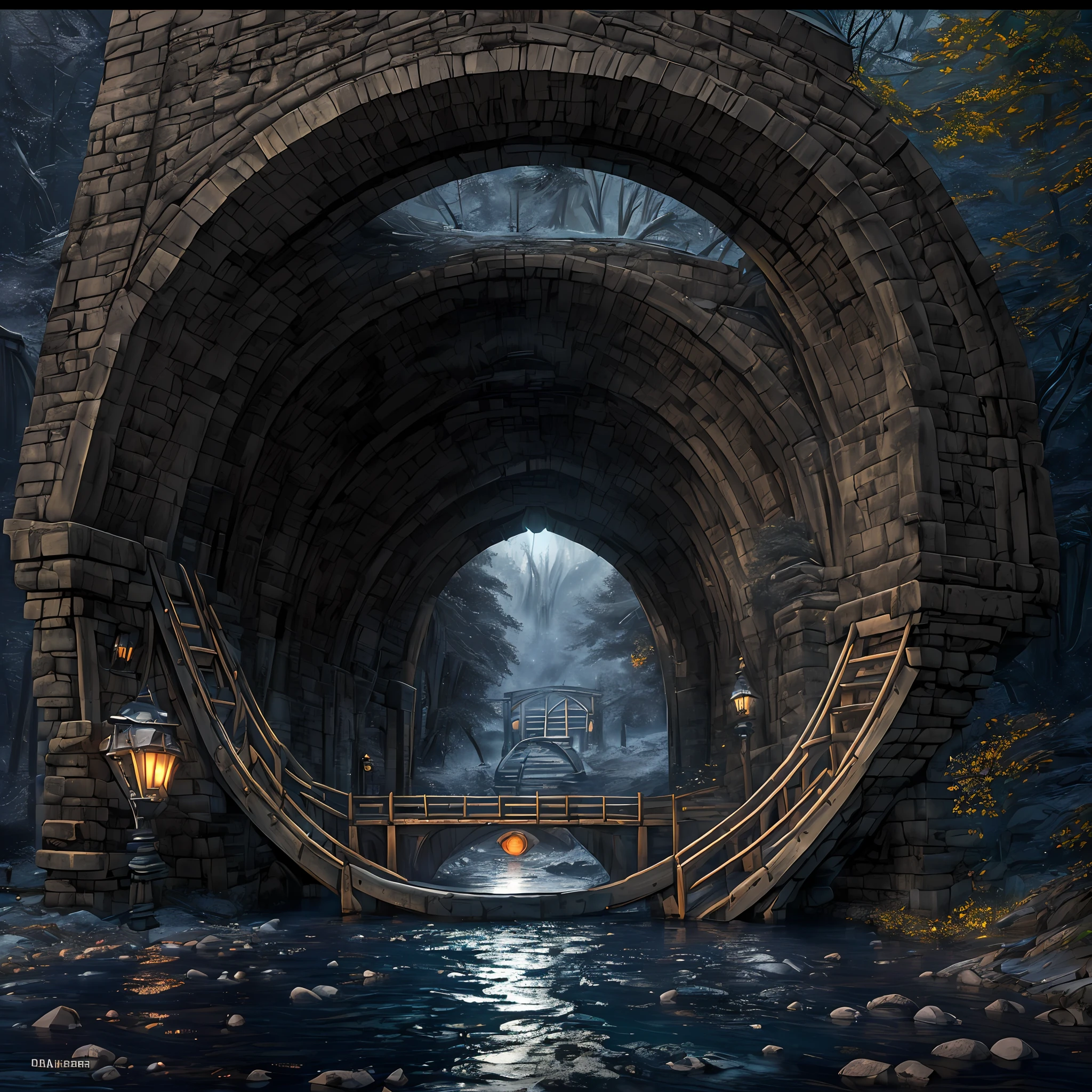 Computer, Extensive ultrasound photography (general view, bridge 1:5, Scale, realistic fantasy, ultradetail, volumetric, detailed clarity, general view, detailed gloomy landscape bridge arch, under the bridge, computer accuracy, 1:2, 8kk.   large beer barrel, bridge arch, bridge, (inscription new era legend),realistic fantasy, detailed, 1:5, 4kk, three-dimensional picture, fire, fog, rain, river, night, darkness, effective In the foreground is a large beer barrel, a large stone bridge, a bridge arch, gray, swamp colors (ultradetailed), a bridge arch, a bank under the bridge, steps, a spider's web under the pavement, a large wooden barrel (1:2), made of wood (ultradetailed), a bridge arch,  Rocks, River, Dark, Dark Colors, Horror, Magic(Best Quality), 4K, Ultra Detailed, (Dynamic Composition: 1.4), High Detailed, Colorful Details, (Dark Colors: 1.2), (Luminous Lighting, Atmospheric Lighting), Cold, Gloomy, Magical