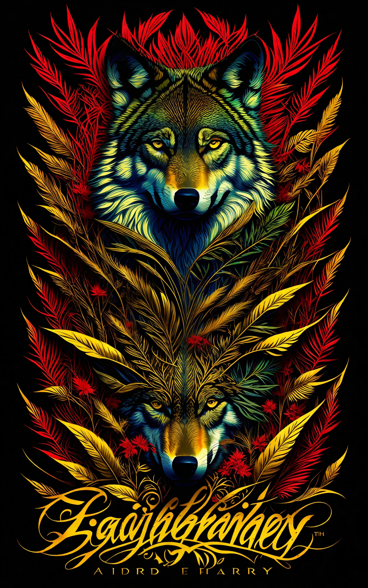 Ed Hardy Christian Audigier-style vector print: a wild wolf surrounded by lush foliage and tribal patterns. Striking lines, dynamic curves and elaborate details. Intense colors (black, red, gold). Striking typography. Basic settings: Pixel 1080x1080, Resolution 1, White Background. Advanced settings: Euler Method, Steps 20, CFG Scale 10, Seed 123, Upscale 2. Tags: [masterpiece], Ed Hardy, Christian Audigier, vector print, wolf, foliage, tribal details, typography, intense colors.