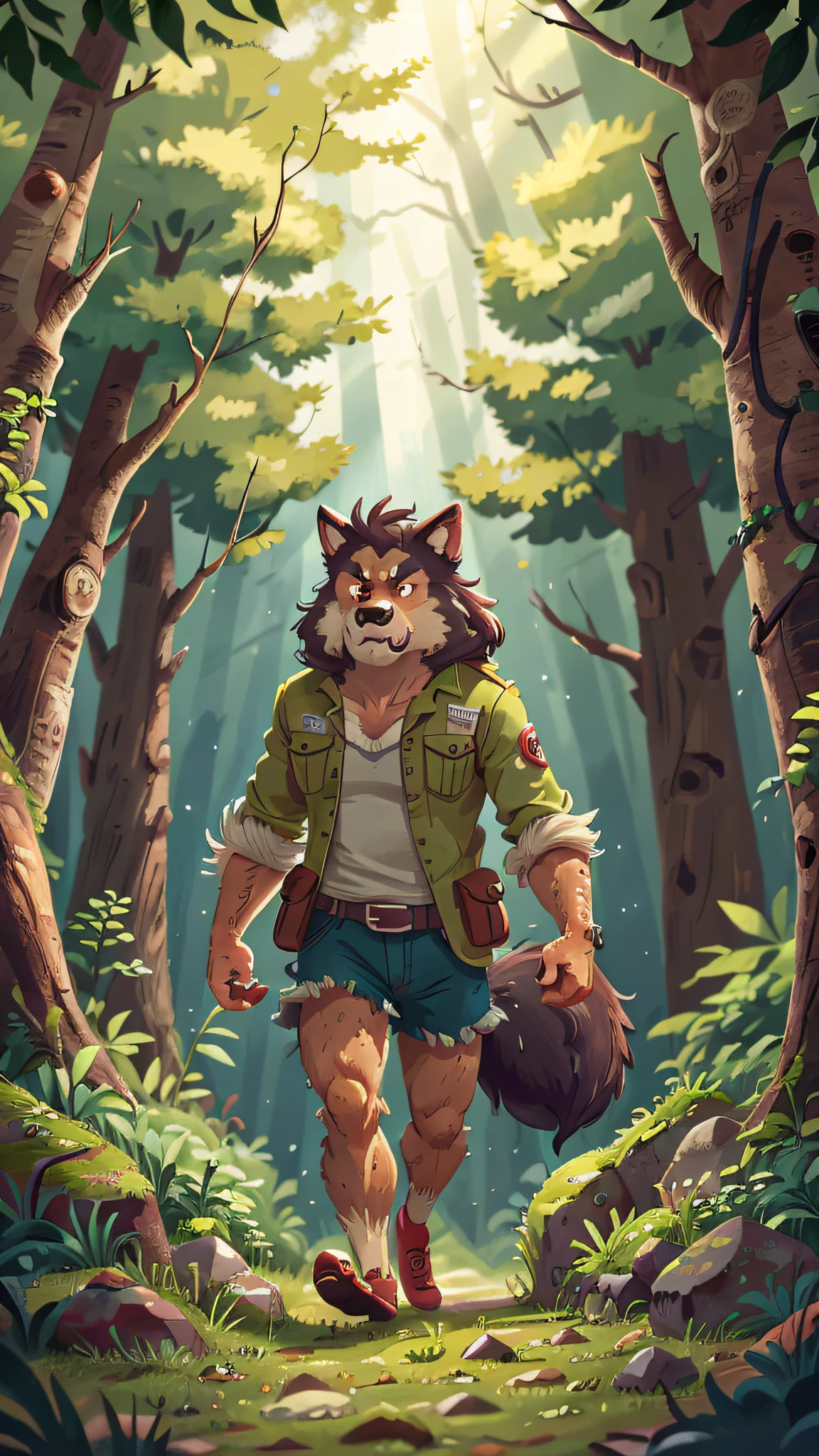 A fierce and hungry man-wolf, walking in the forest