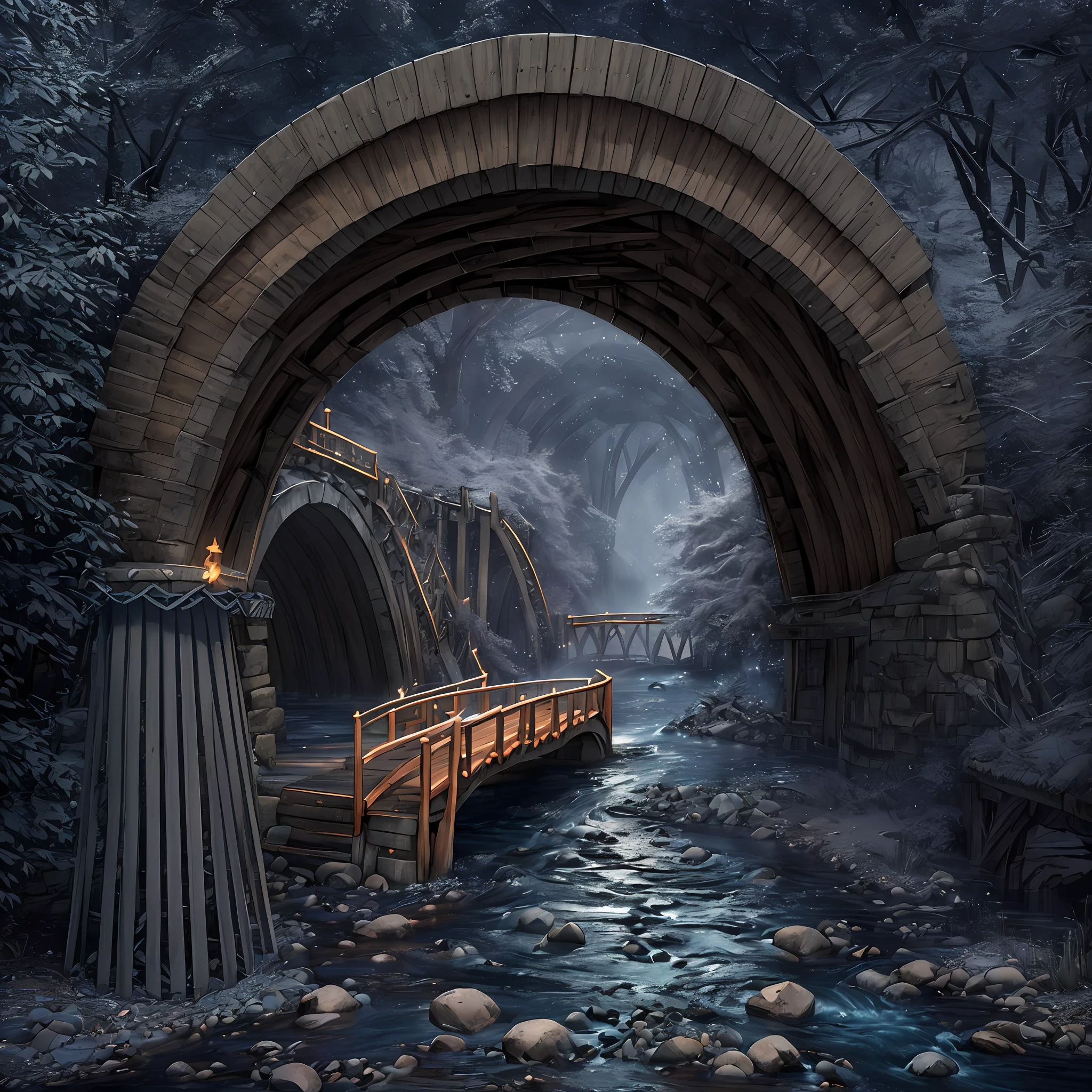 Computer, Extensive ultrasound photography (general view, bridge 1:5, Scale, realistic fantasy, ultradetail, volumetric, detailed clarity, general view, detailed gloomy landscape bridge arch, under the bridge, computer accuracy, 1:2, 8kk. large beer barrel, bridge arch, bridge, (inscription new era legend),realistic fantasy, detailed, 1:5, 4kk, three-dimensional picture, fire, fog, rain, river, night, darkness, effective In the foreground is a large beer barrel, a large stone bridge, a bridge arch, gray, swamp colors (ultradetailed), a bridge arch, a bank under the bridge, steps, a spider's web under the pavement, a large wooden barrel (1:2), made of wood (ultradetailed), a bridge arch, Rocks, River, Dark, Dark Colors, Horror, Magic(Best Quality), 4K, Ultra Detailed, (Dynamic Composition: 1.4), High Detailed, Colorful Details, (Dark Colors: 1.2), (Luminous Lighting, Atmospheric Lighting), Cold, Gloomy, Magical