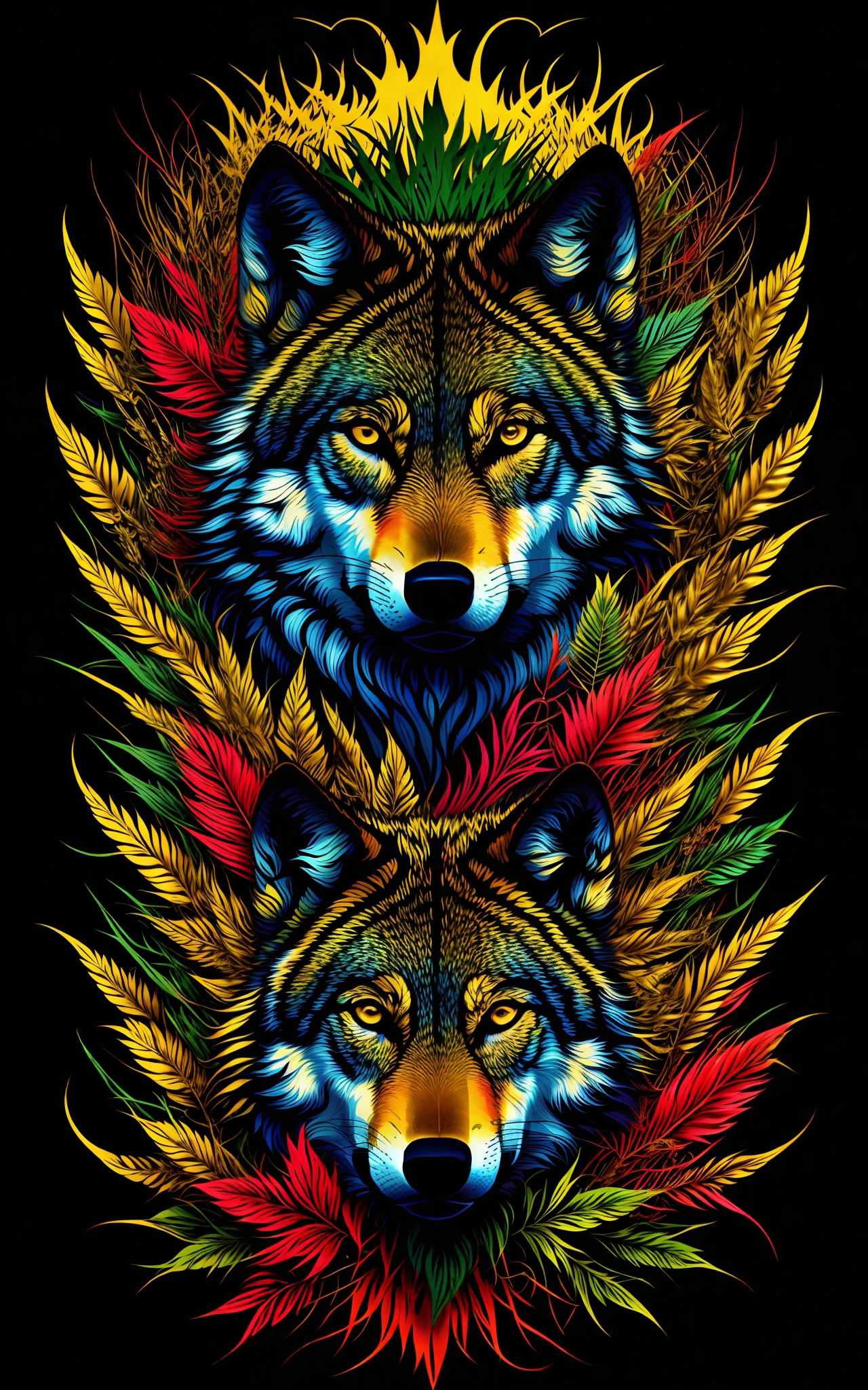 Ed Hardy Christian Audigier-style vector print: a wild wolf surrounded by lush foliage and tribal patterns. Striking lines, dynamic curves and elaborate details. Intense colors (black, red, gold). Striking typography. Basic settings: Pixel 1080x1080, Resolution 1, White Background. Advanced settings: Euler Method, Steps 20, CFG Scale 10, Seed 123, Upscale 2. Tags: [masterpiece], Ed Hardy, Christian Audigier, vector print, wolf, foliage, tribal details, typography, intense colors.