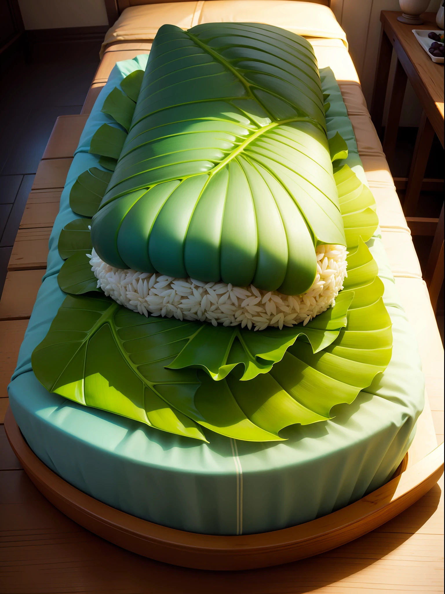 The food of a mattress The internal structure is rice / beans / palm leaves composed of the picture style is blue and green