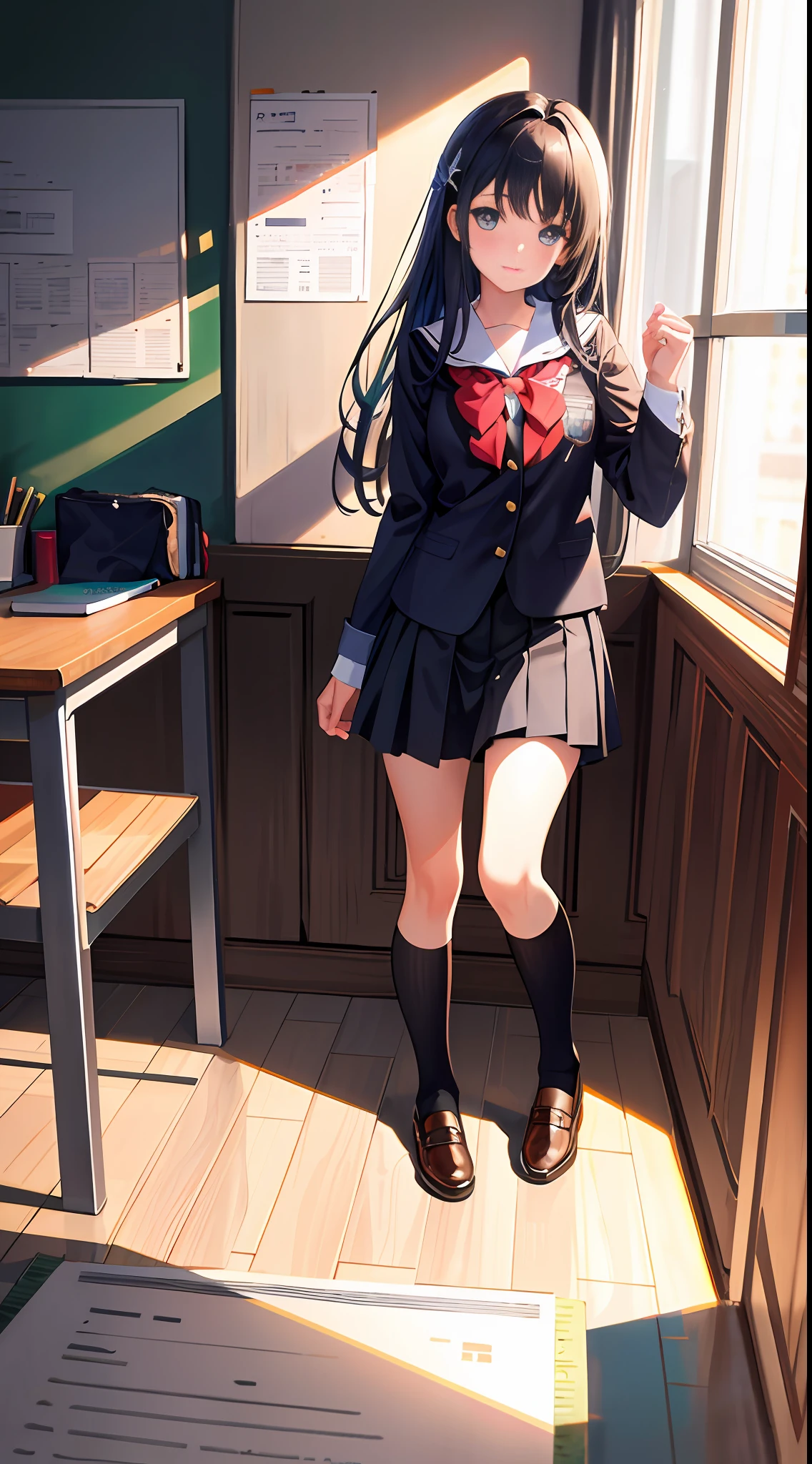 Masterpiece, best quality, ultra detailed, illustration, medium view, beautiful detailed eyes, ((vista, wide angle 1.31)), a girl, student uniform, at school