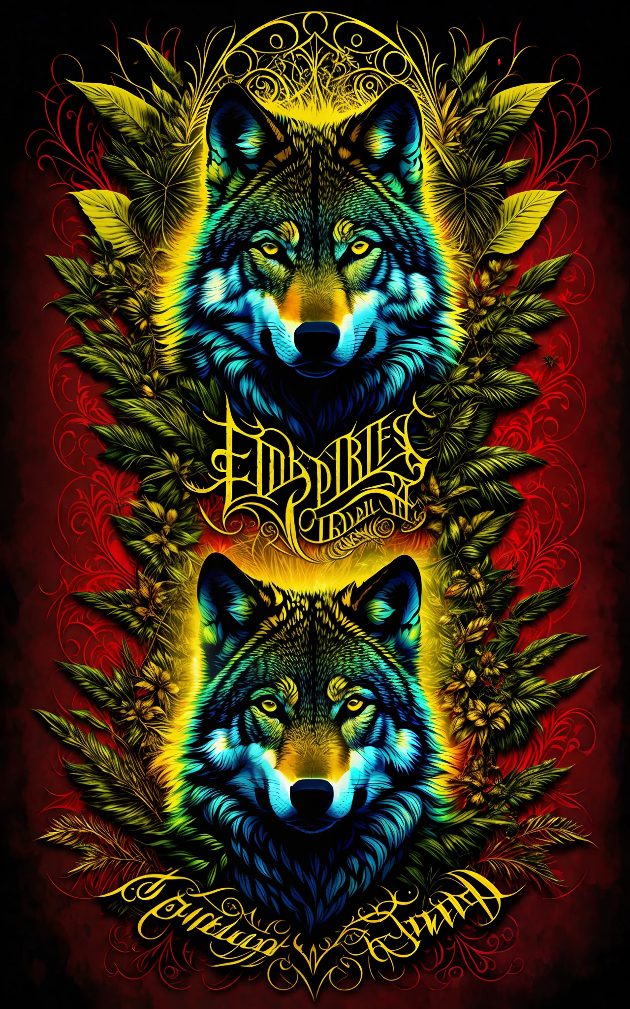 Ed Hardy Christian Audigier-style vector print: a wild wolf surrounded by lush foliage and tribal patterns. Striking lines, dynamic curves and elaborate details. Intense colors (black, red, gold). Striking typography. Basic settings: Pixel 1080x1080, Resolution 1, White Background. Advanced settings: Euler Method, Steps 20, CFG Scale 10, Seed 123, Upscale 2. Tags: [masterpiece], Ed Hardy, Christian Audigier, vector print, wolf, foliage, tribal details, typography, intense colors.