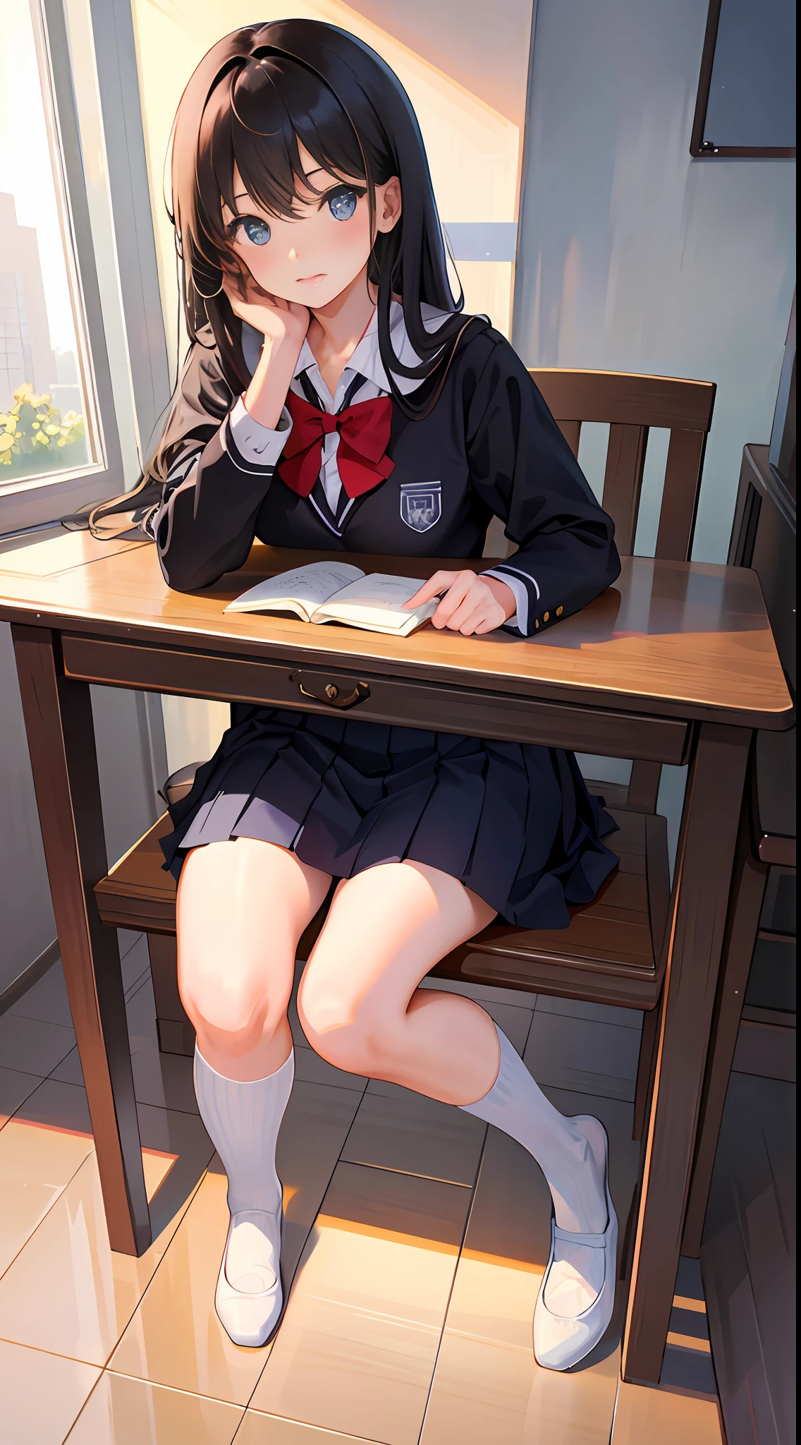 Masterpiece, best quality, ultra detailed, illustration, medium view, beautiful detailed eyes, ((vista, wide angle 1.31)), a girl, student uniform, at school