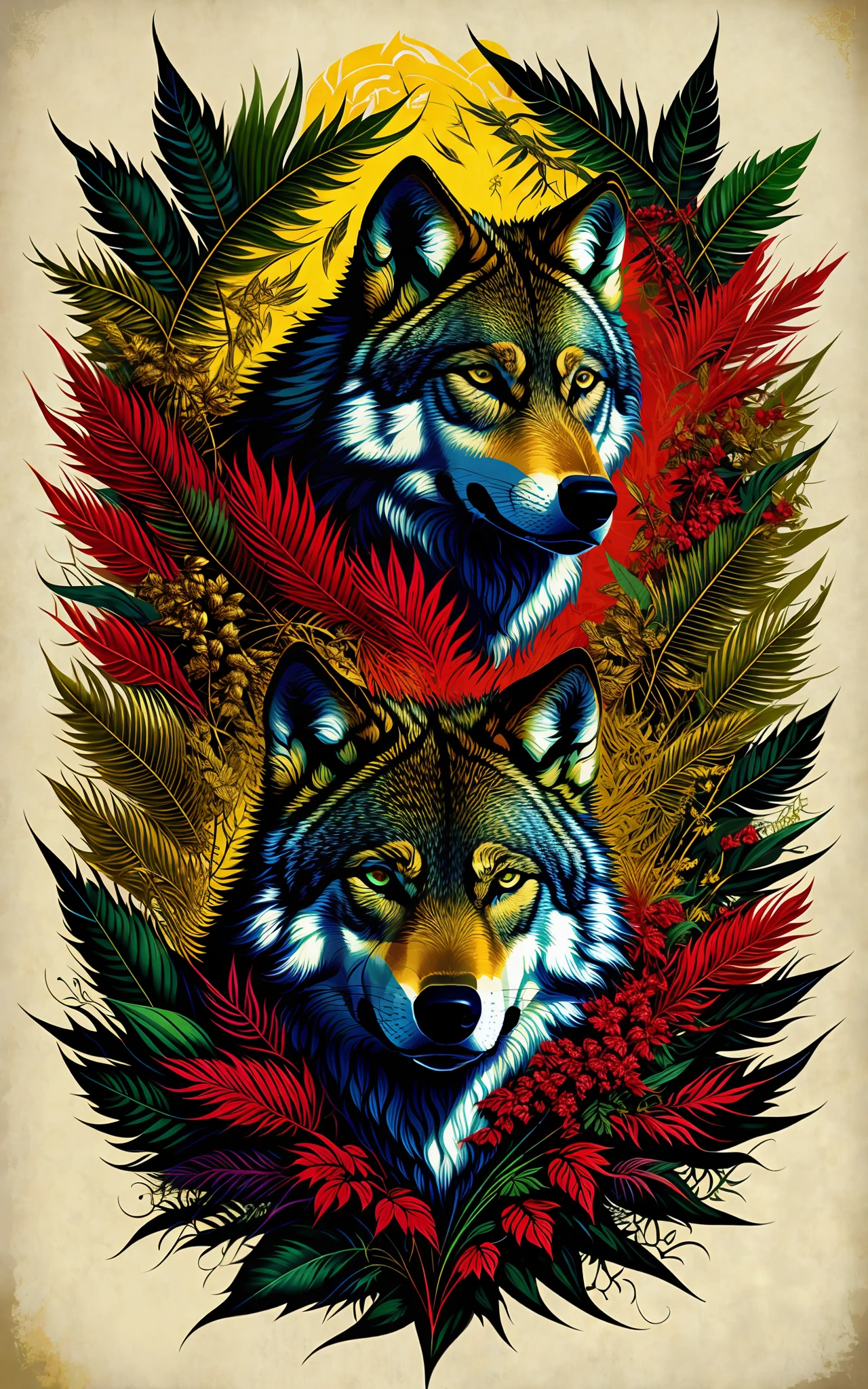 Ed Hardy Christian Audigier-style vector print: a wild wolf surrounded by lush foliage and tribal patterns. Striking lines, dynamic curves and elaborate details. Intense colors (black, red, gold). Striking typography. Basic settings: Pixel 1080x1080, Resolution 1, White Background. Advanced settings: Euler Method, Steps 20, CFG Scale 10, Seed 123, Upscale 2. Tags: [masterpiece], Ed Hardy, Christian Audigier, vector print, wolf, foliage, tribal details, typography, intense colors.