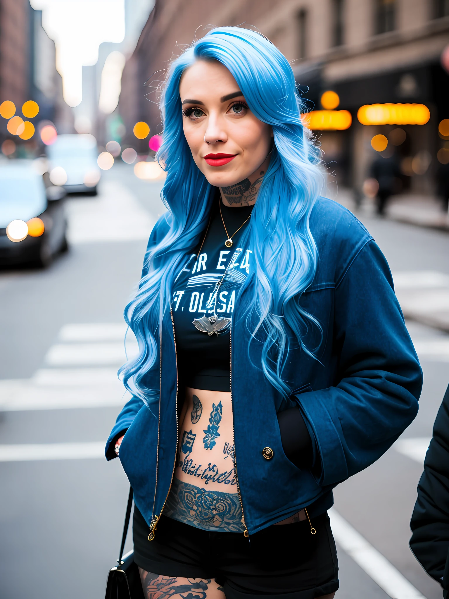 Pokket, filmed on DSLR, 8K, detailed face, blue hair, 25-year-old woman, is on the street in NYC, beautiful clothes, perfect black tattoos