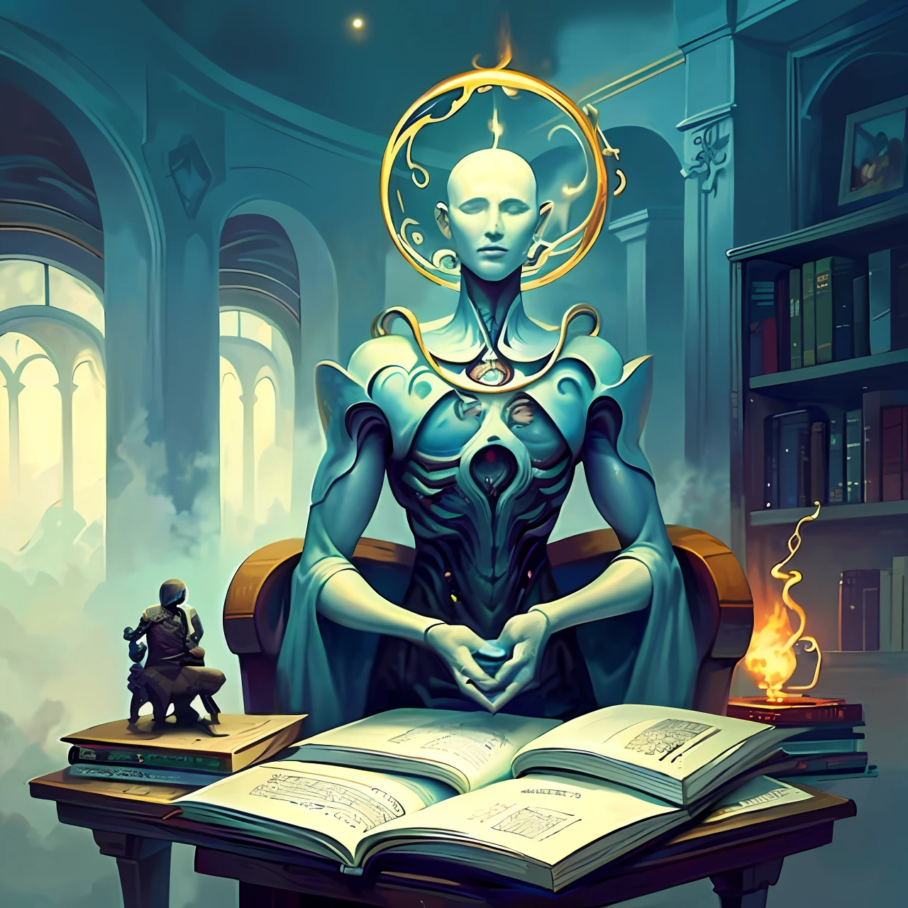 Painting of a man sitting on a pile of books, paintings of magical realism, paintings of science fantasy, artwork of the Bone Space Library, Infinite Celestial Library inspired by Tomashua Allen Kopela, Maxim Verekhin, Library of Babel, Tomaszalen Kopela, Tadeuszpruszkowski, Library of Babel, Japan