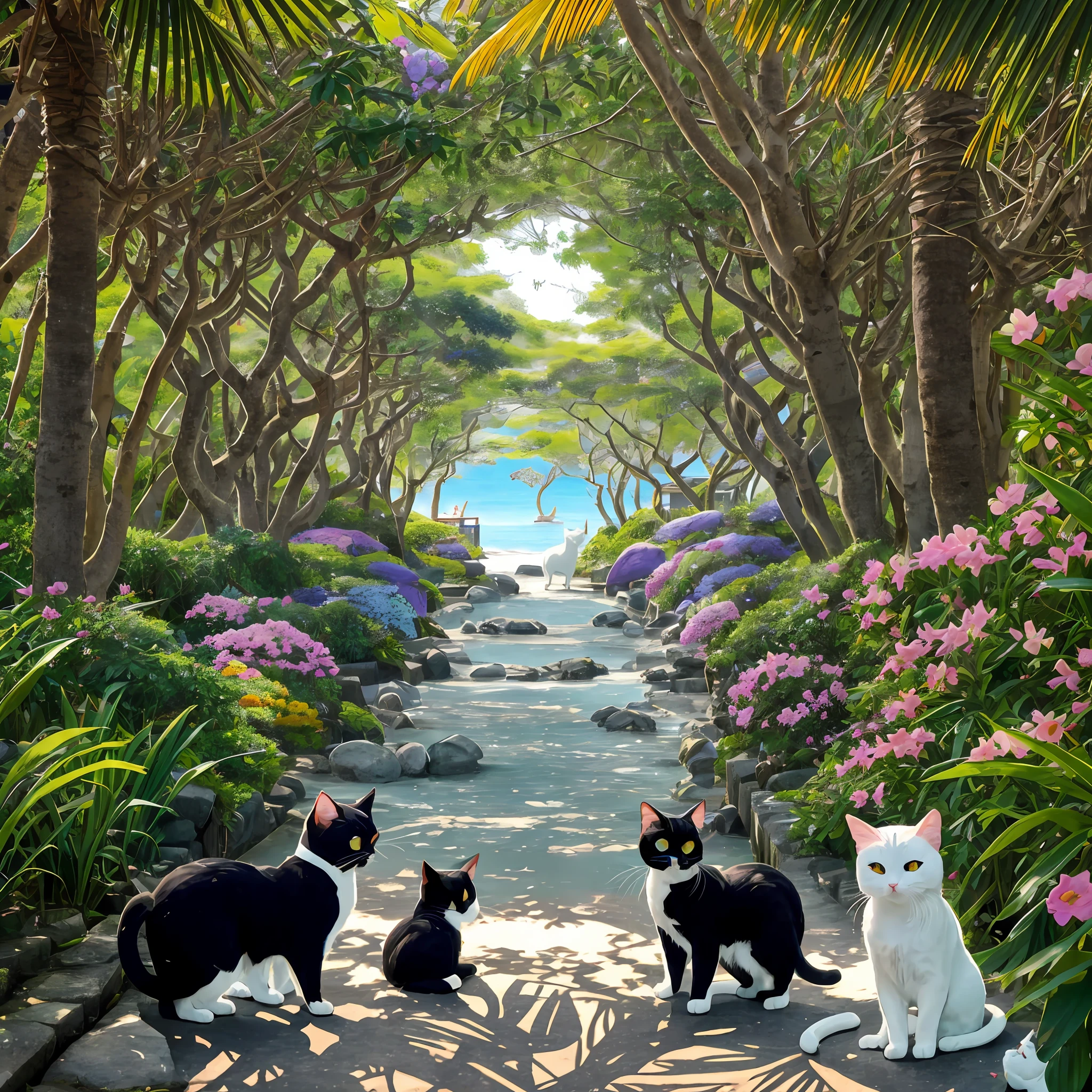 A phantom island exists in the wide waters of the Pacific Ocean. This island is invisible to people, its existence is passed down only in legends and oral lore. Its name is "Fukuneko Island", and as the name suggests, it is said that countless beckoning cats live on this island.

Fukuneko Island is enveloped in a mysterious atmosphere and beautiful nature. Surrounded by crystal clear water, the island is adorned with colorful and vibrant flowers and covered with lush green forests. In such a landscape, the beckoning cats are spending a relaxing time.

Maneki-neko cats of various sizes live throughout the island, each with its own unique characteristics. The golden beckoning cat symbolizes fortune, the white beckoning cat symbolizes purity and peace, and the black beckoning cat symbolizes amulet and evil warding off. In addition, the beckoning cats have various talents such as playing musical instruments, performing dances, and making sweets.

On Fukuneko Island, it is said that beckoning cats have the power to grant people's wishes. When a visitor makes a wish in their hearts, the beckoning cats receive the wish and exert the power to bring happiness and prosperity. Visitors to the island can interact with the beckoning cats and feel peace of mind and happiness.

However, Fukuneko Island is invisible to the general public, so only people with pure hearts and full of good intentions can visit it. Therefore, the entrance to the island is hidden and can only be reached in a special way.

This prompt is set on the phantom island of Fukuneko Island and depicts the lives of many beckoning cats. The island's beautiful natural environment and the unique characteristics of the beckoning cats --auto --s2