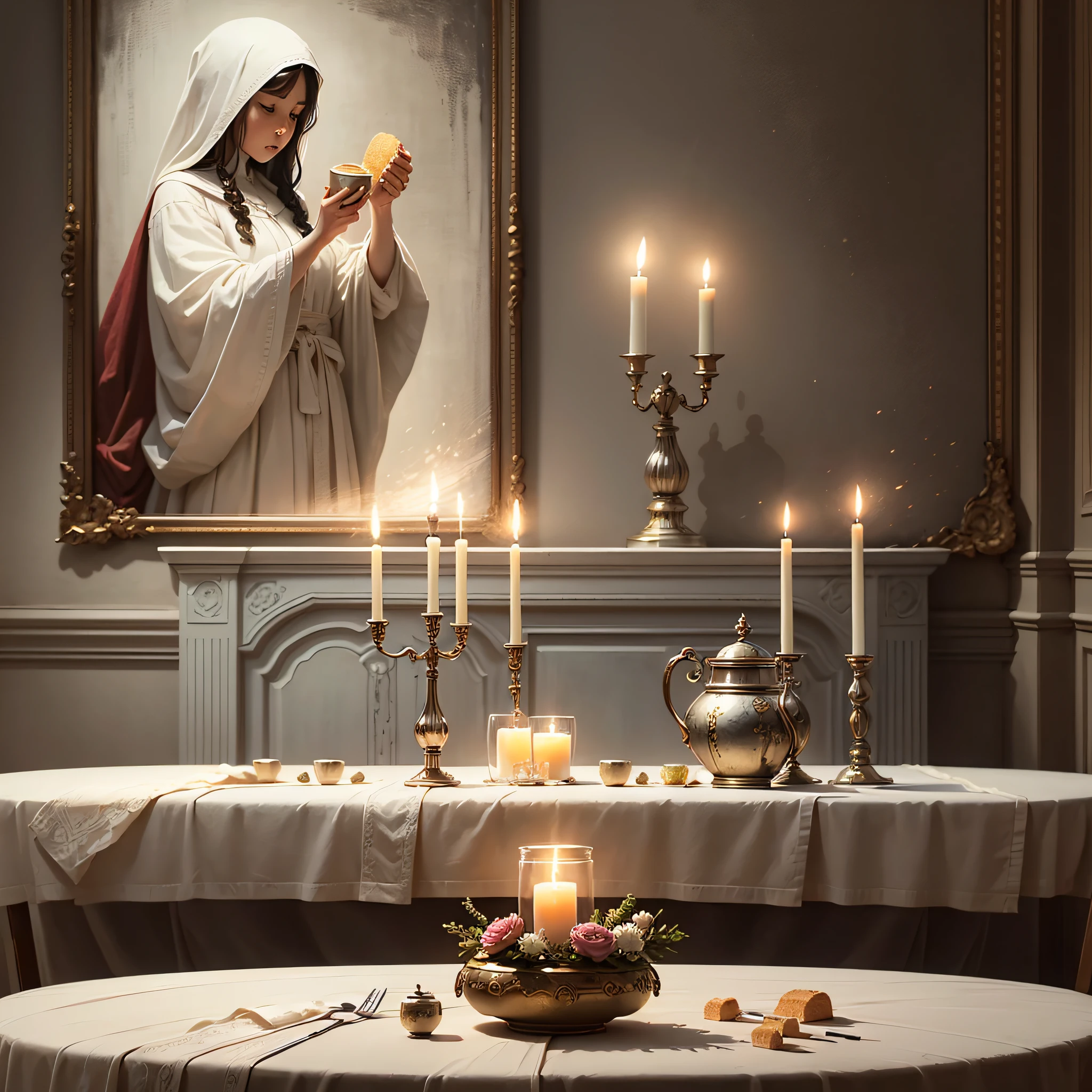 Imagine a prompt to create art that removes people from the famous painting of Holy Communion, leaving only the table empty. Here's a possible prompt:
Background: Use a neutral background, such as white or light gray, to highlight the table.
Table of the Holy Supper: Draw or reproduce in detail the table of the Holy Supper, with all its characteristic elements, such as towel, bread and chalice.
Lighting: Create a play of light and shadow to highlight the table and bring an atmosphere of mystery and reverence.
Table Details: Add realistic details to the table, such as textures, wear marks, and reflections, to convey authenticity.
Removal of People: Use digital editing techniques to remove the human figures from the original painting of Holy Communion, ensuring that the table remains intact.
Focus on the Table: Make the table the central point of the art, taking up most of the visual space.
Style: Choose a style that aligns with the desired atmosphere, and can be realistic, impressionistic, minimalist or any other that best represents the artistic vision.
Additional details: If desired, add symbolic or decorative elements to the scene, such as candles, flowers, or other elements related to Holy Communion. --auto --s2