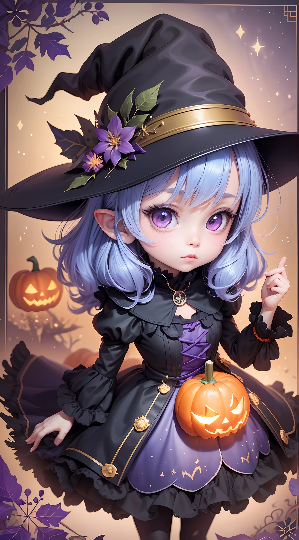 illustration of a cute witch , pumpkins , halloween, scary trees, manga style, kawaii, black, purple, blue , gold, freplace detailed, cute, kawaii, chibi, manga style, illustration, vintage style, epic light, fantasy, fantasy art, watercolor effect, bokeh, adobe illustrator, hand drawn, digital painting, low-poly, retro aesthetic, character focused, 4k resolution, using 4d cinema, white outline, vivid printing,  watrecolor painting, illustration, 4k, manga style, detailed binder, detailed potions, Tim Burtons night before christmas