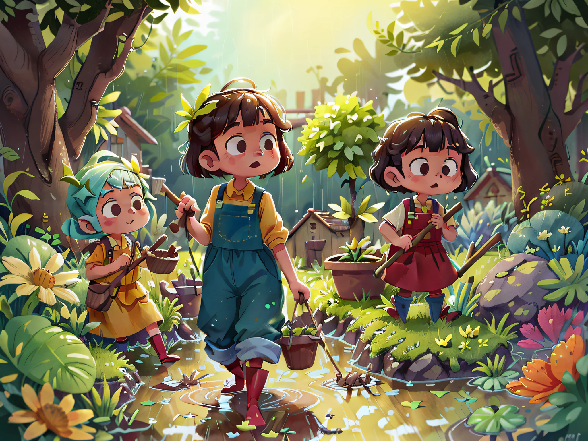 On a rainy day, the "Pillipillias" saw that the neighbors' garden was flooded. Without a second thought, they grabbed their rubber boots and went to help. With makeshift hoes, they cleared paths for the water to drain out. The girls understood that helping others is a form of love for others.