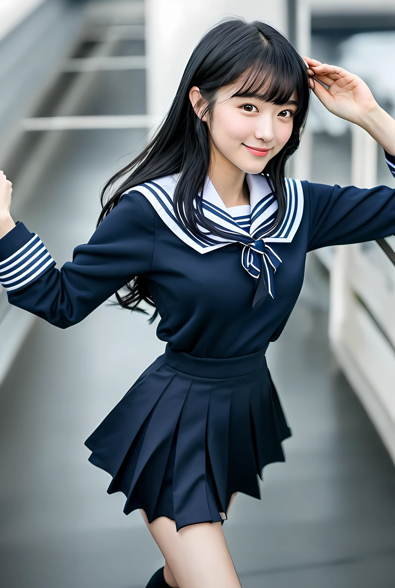 ((top quality, 8k, masterpiece: 1.3)), 1 16 years old Japan girl, beauty: 1.4, (black hair, big: 1.45), super detailed face, detailed eyes, cute smile, high school girl uniform in sailor suit, navy blue skirt, black tights, beautiful, attractive, extremely beautiful, black low pumps, no background, around the face, disheveled hair, focus on face, overhead view on face, no background