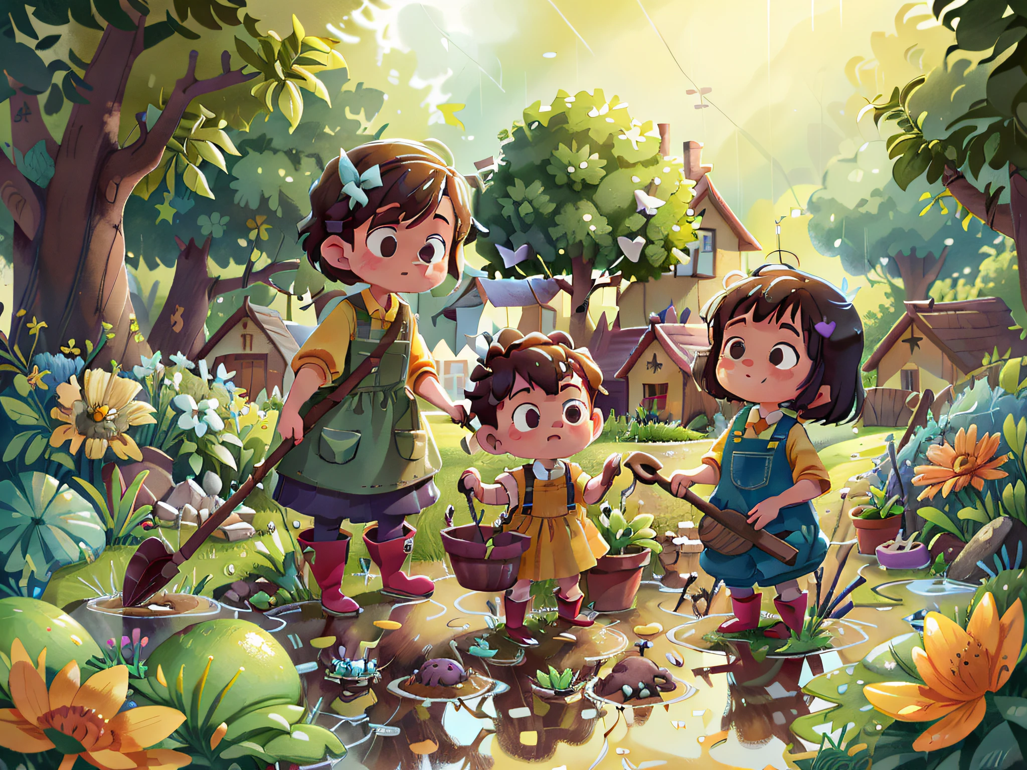 On a rainy day, the "Pillipillias" saw that the neighbors' garden was flooded. Without a second thought, they grabbed their rubber boots and went to help. With makeshift hoes, they cleared paths for the water to drain out. The girls understood that helping others is a form of love for others.