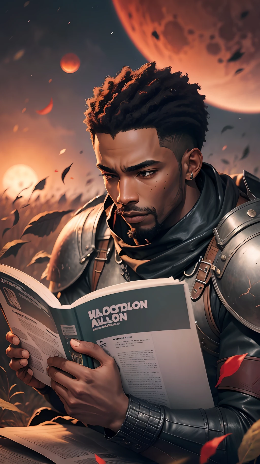 A black man reading a story on the battlefield, blood moon, --auto --s2