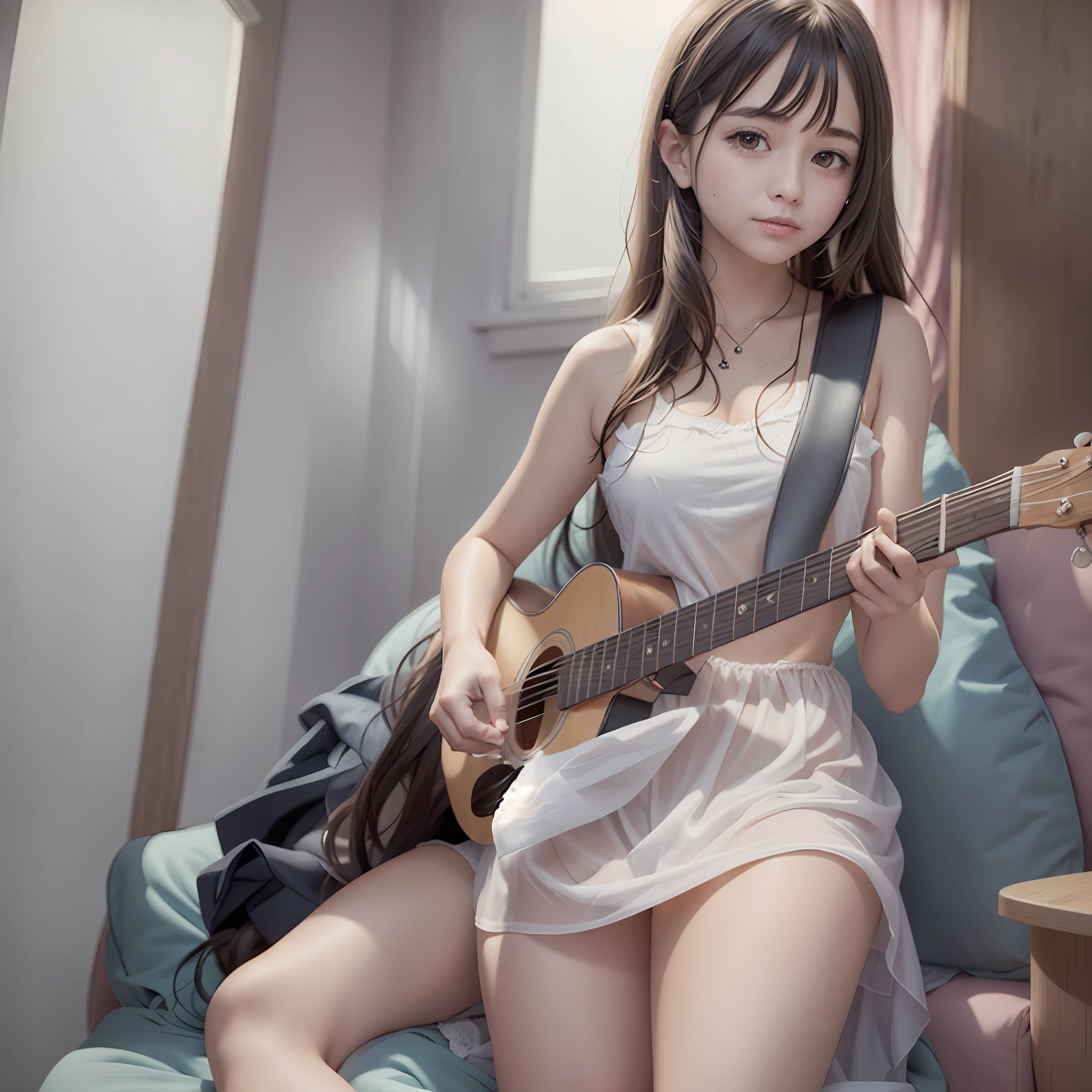The ice cream in hand is replaced with a guitar