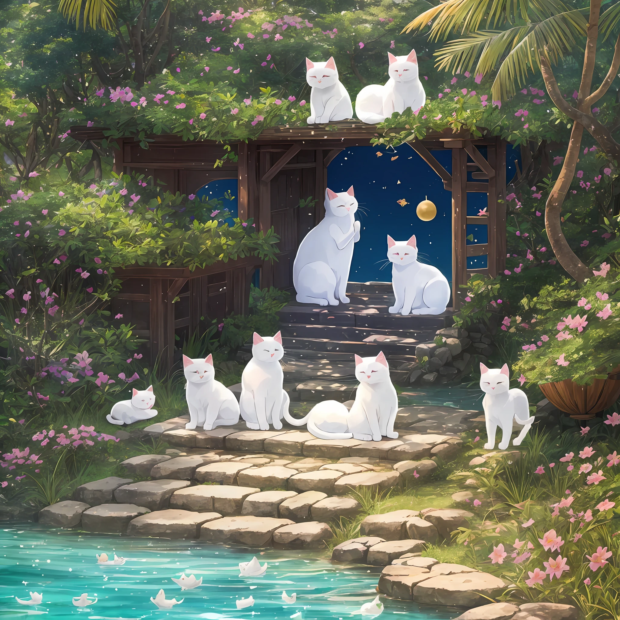 A phantom island exists in the wide waters of the Pacific Ocean. This island is invisible to people, its existence is passed down only in legends and oral lore. Its name is "Fukuneko Island", and as the name suggests, it is said that countless beckoning cats live on this island.

Fukuneko Island is enveloped in a mysterious atmosphere and beautiful nature. Surrounded by crystal clear water, the island is adorned with colorful and vibrant flowers and covered with lush green forests. In such a landscape, the beckoning cats are spending a relaxing time.

Maneki-neko cats of various sizes live throughout the island, each with its own unique characteristics. The golden beckoning cat symbolizes fortune, the white beckoning cat symbolizes purity and peace, and the black beckoning cat symbolizes amulet and evil warding off. In addition, the beckoning cats have various talents such as playing musical instruments, performing dances, and making sweets.

On Fukuneko Island, it is said that beckoning cats have the power to grant people's wishes. When a visitor makes a wish in their hearts, the beckoning cats receive the wish and exert the power to bring happiness and prosperity. Visitors to the island can interact with the beckoning cats and feel peace of mind and happiness.

However, Fukuneko Island is invisible to the general public, so only people with pure hearts and full of good intentions can visit it. Therefore, the entrance to the island is hidden and can only be reached in a special way.

This prompt is set on the phantom island of Fukuneko Island and depicts the lives of many beckoning cats. The island's beautiful natural environment and the unique characteristics of the beckoning cats --auto --s2