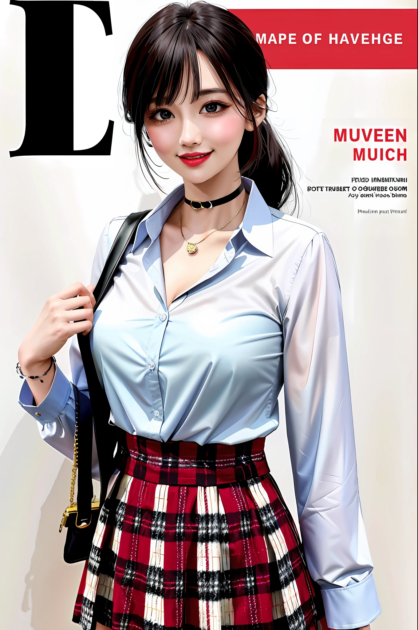 masterpiece, best quality, full body, 1girl, bangs, black choker, black necktie, black hair, blue skirt, blush, bracelet, breasts, choker, clothes around waist, collarbone, collared shirt, cowboy shot, dress shirt, ear piercing, eyebrows visible through hair, gradient hair, grin, gyaru, jewelry, kogal, long hair, looking at viewer, loose necktie, necktie, piercing, plaid, plaid skirt, pleated skirt, red eyes, ring, school uniform, shirt, skirt, smile, solo, white shirt, street, sky, cherry blossoms, petals,illustration, (magazine:1.3), (cover-style:1.3), fashionable, woman, vibrant, outfit, posing, front, colorful, dynamic, background, elements, confident, expression, holding, statement, accessory, majestic, coiled, around, touch, scene, text, cover, bold, attention-grabbing, title, stylish, font, catchy, headline, larger, striking, modern, trendy, focus, fashion,