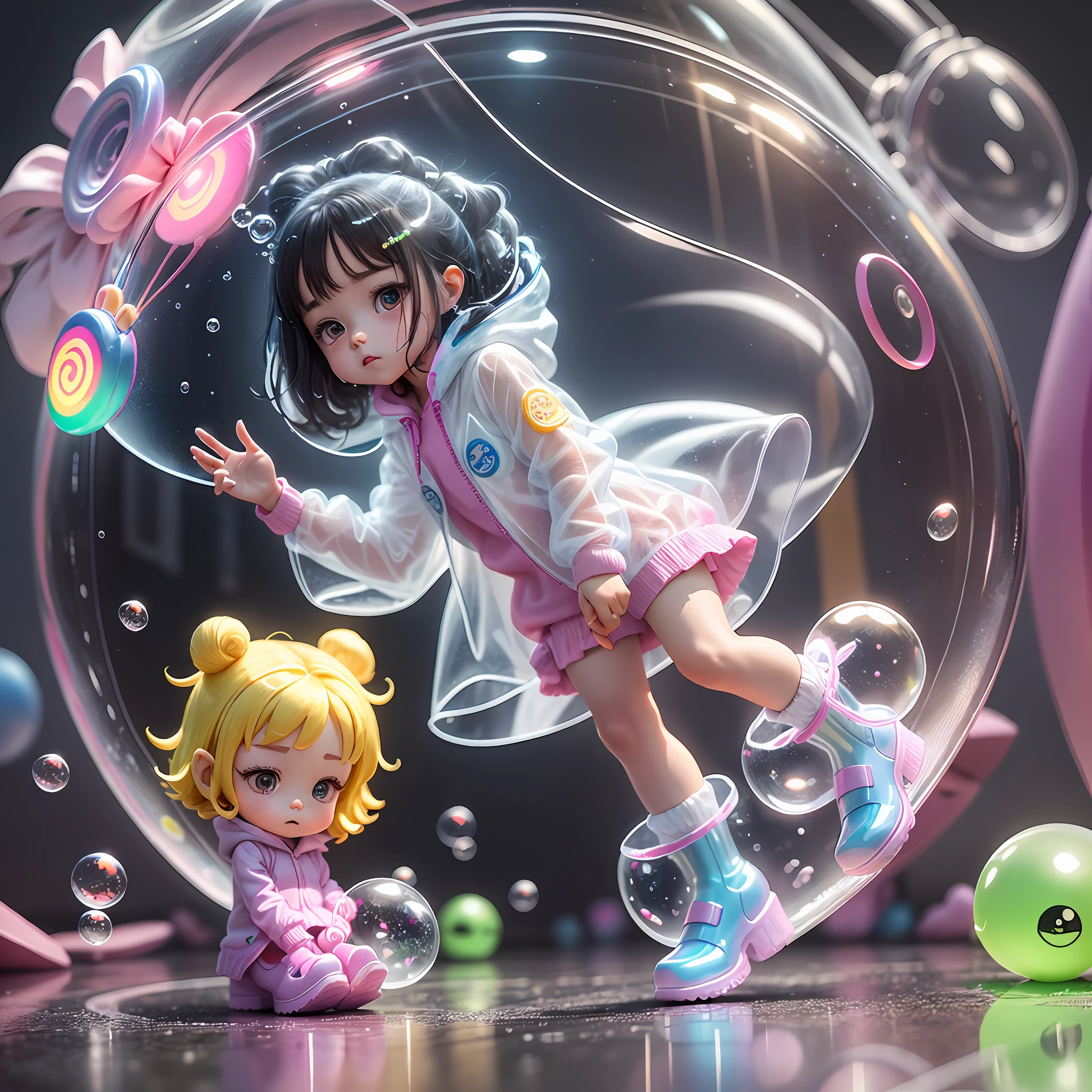 Cool, cute, , big long legs, pretty socks, cute transparent rain boots, transparent raincoat,toys, blender, candy color, Cyberpunk, fashion trend, 3s material, simple background, Bubble Mart,blind box, Bubble luminous little creature, c4d,3d, whole body