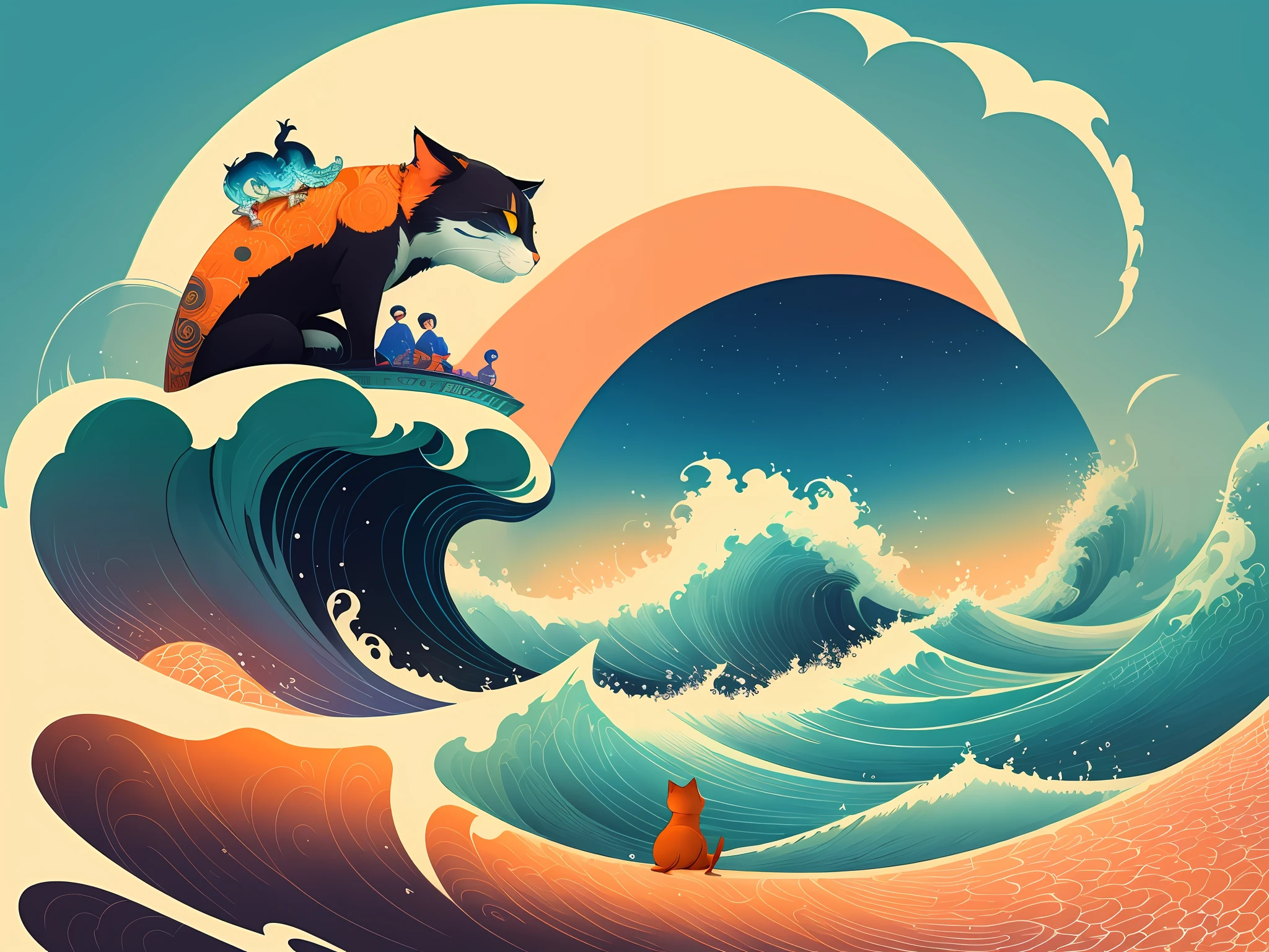 There's a Cat Sitting on the Waves of the Ocean, Jen Bartel, Victo Ngai Style, Japanese Art in Behance, by Justin Gerard, inspired by Victo Ngai, Victo Ngai! CMYK color palette, in the style of Cyril Rolando, Cyril Rolando and Goro Fujita, inspired by Katsuka Hokusai. Best Quality ++, Masterpiece++, Surreal ++, RAW