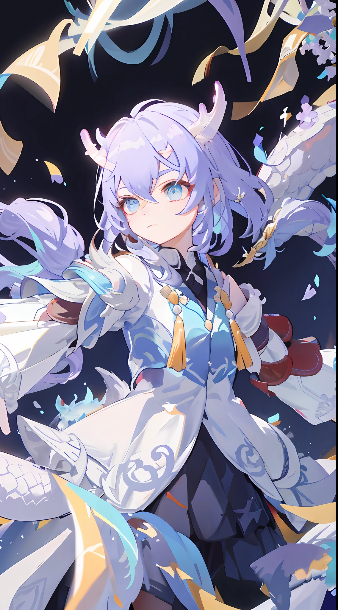 (Masterpiece), (Excellent), (Extremely Fine), White Dew, Square, Spectator, Dragon's Tail Horns, Upper Body, Flowers, Streamers, Clouds,