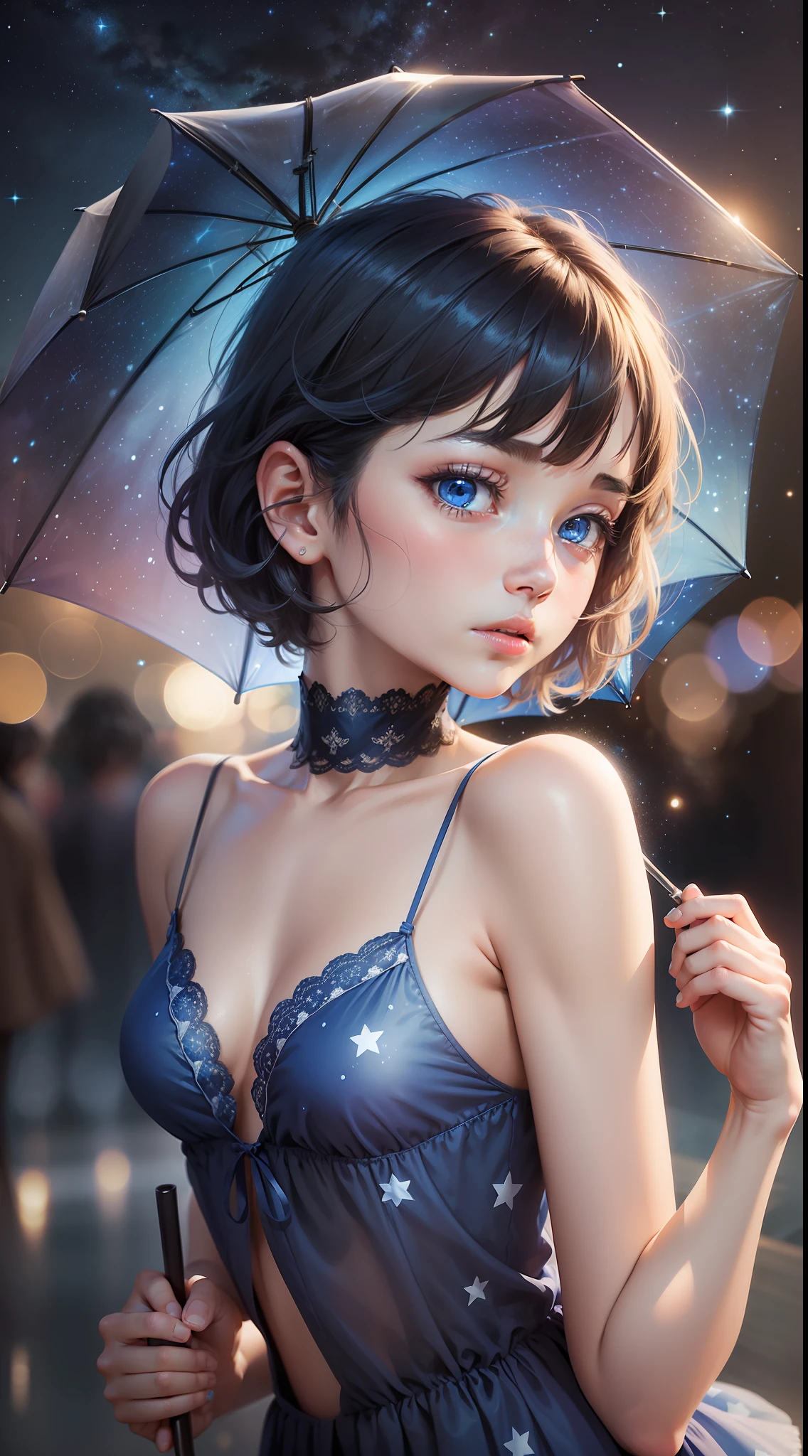 A girl holding a transparent blue umbrella, facing the starry sky alone, staring at the audience in the night, with short hair, blue eyes and shyness, and a lonely sky printed on her back