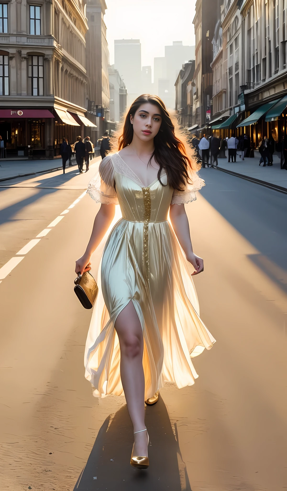 "((masterpiece)), best quality, sensual Victorian dress, happy and elegant Lauren Jauregui strolling through a lively city, wide shot, exciting scenery in the background, golden light, soft shadows."