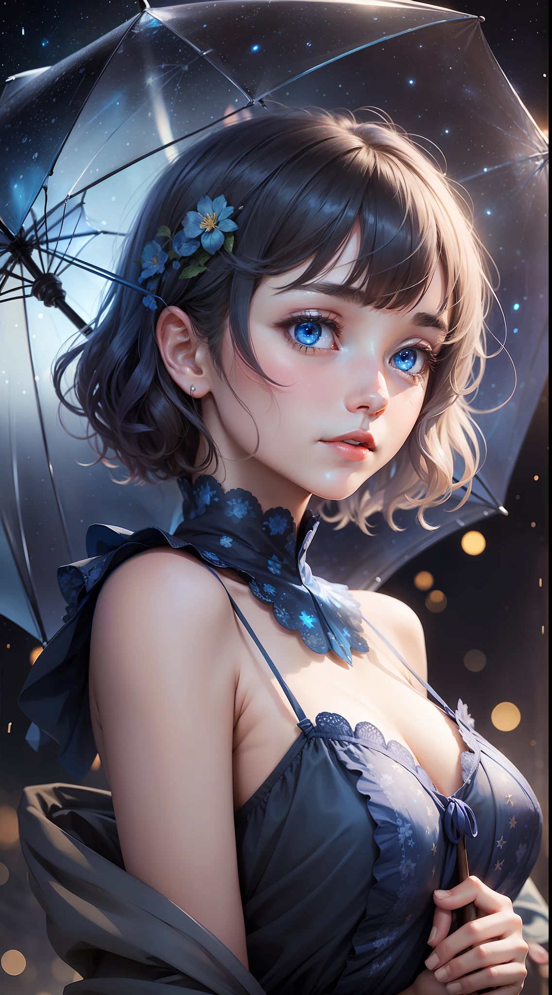 A girl holding a transparent blue umbrella, facing the starry sky alone, staring at the audience in the night, with short hair, blue eyes and shyness, and a lonely sky printed on her back