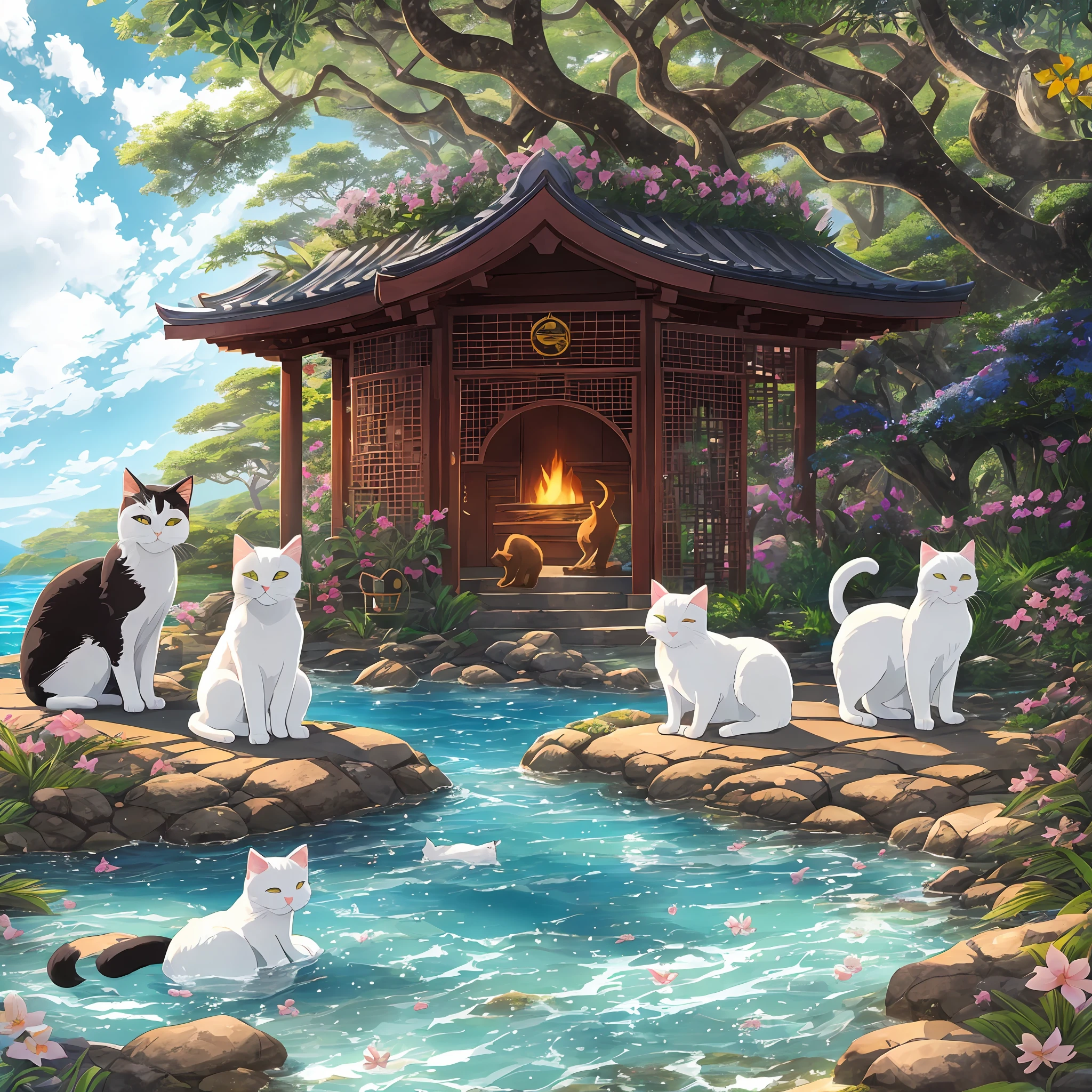 A phantom island exists in the wide waters of the Pacific Ocean. This island is invisible to people, its existence is passed down only in legends and oral lore. Its name is "Fukuneko Island", and as the name suggests, it is said that countless beckoning cats live on this island.
Fukuneko Island is enveloped in a mysterious atmosphere and beautiful nature. Surrounded by crystal clear water, the island is adorned with colorful and vibrant flowers and covered with lush green forests. In such a landscape, the beckoning cats are spending a relaxing time.
Maneki-neko cats of various sizes live throughout the island, each with its own unique characteristics. The golden beckoning cat symbolizes fortune, the white beckoning cat symbolizes purity and peace, and the black beckoning cat symbolizes amulet and evil warding off. In addition, the beckoning cats have various talents such as playing musical instruments, performing dances, and making sweets.
On Fukuneko Island, it is said that beckoning cats have the power to grant people's wishes. When a visitor makes a wish in their hearts, the beckoning cats receive the wish and exert the power to bring happiness and prosperity. Visitors to the island can interact with the beckoning cats and feel peace of mind and happiness.
However, Fukuneko Island is invisible to the general public, so only people with pure hearts and full of good intentions can visit it. Therefore, the entrance to the island is hidden and can only be reached in a special way.
This prompt is set on the phantom island of Fukuneko Island and depicts the lives of many beckoning cats. The island's beautiful natural environment and the unique characteristics of the beckoning cats --auto --s2