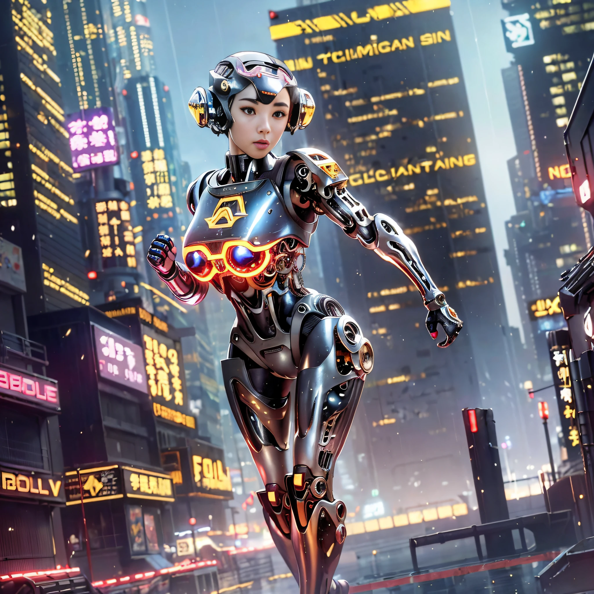 1girl, solo, Japanese girl, (((cyborg:1.4))), cyborg girl, cyborg armor, cyborg clothing, beautiful detailed eyes, finely detail, bright pupils, turquoise eyes, full body, large breasts:0.2, (((floating hair))), looking at viewer, pov, female focus, puffy eyes, short hair, bob hair, air bangs, dynamic pose, dynamic angle, close-up, fighting stance, fighting pose, run forward, running,(((golden metallic color | red metallic color | blue metallic color))),(((Metallic luster, metal reflective, mechanical details, extremely mechanical details, complex mechanical structure))), (((Mirrored Power Armor))), defeated, corpse, bleed, battlefield, mechanized background, giant robot in the background, outdoors, cinematic lighting, Cyberpunk world. Cyberpunk metropolis, neon, Sci-fi style, sfw:1.98,