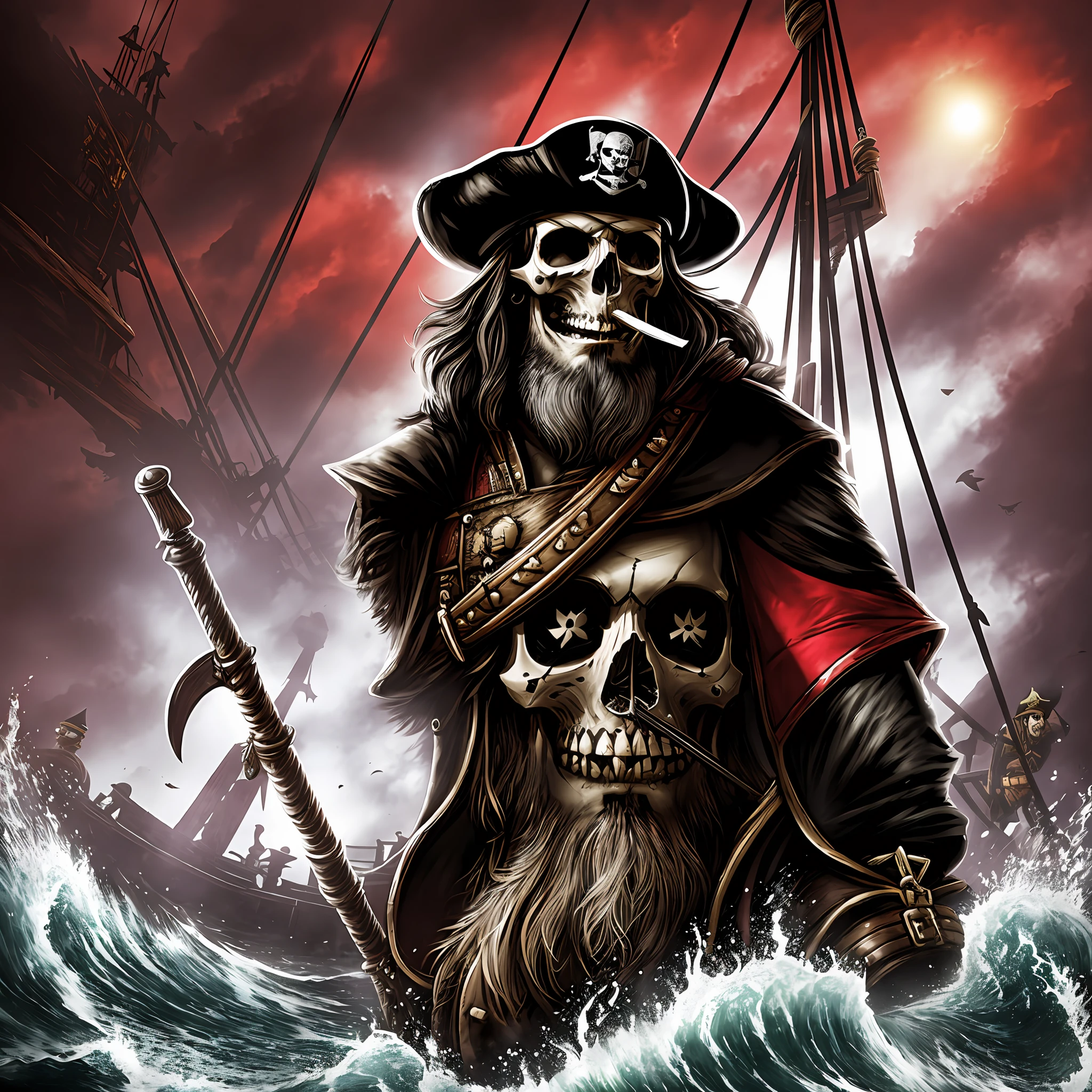 Captain Blackbeard is a pirate feared by the seas. He is tall and muscular, with a long, black beard that reaches down to his chest. He has a red glass eye and a wooden leg that he uses to walk. He is always dressed in a torn dark coat and a three-pointed hat.
Blackbeard commands a crew of loyal and ruthless pirates. They sail on a large, intimidating ship with black sails and a flag with a skull and crossbones. They plunder --auto --s2