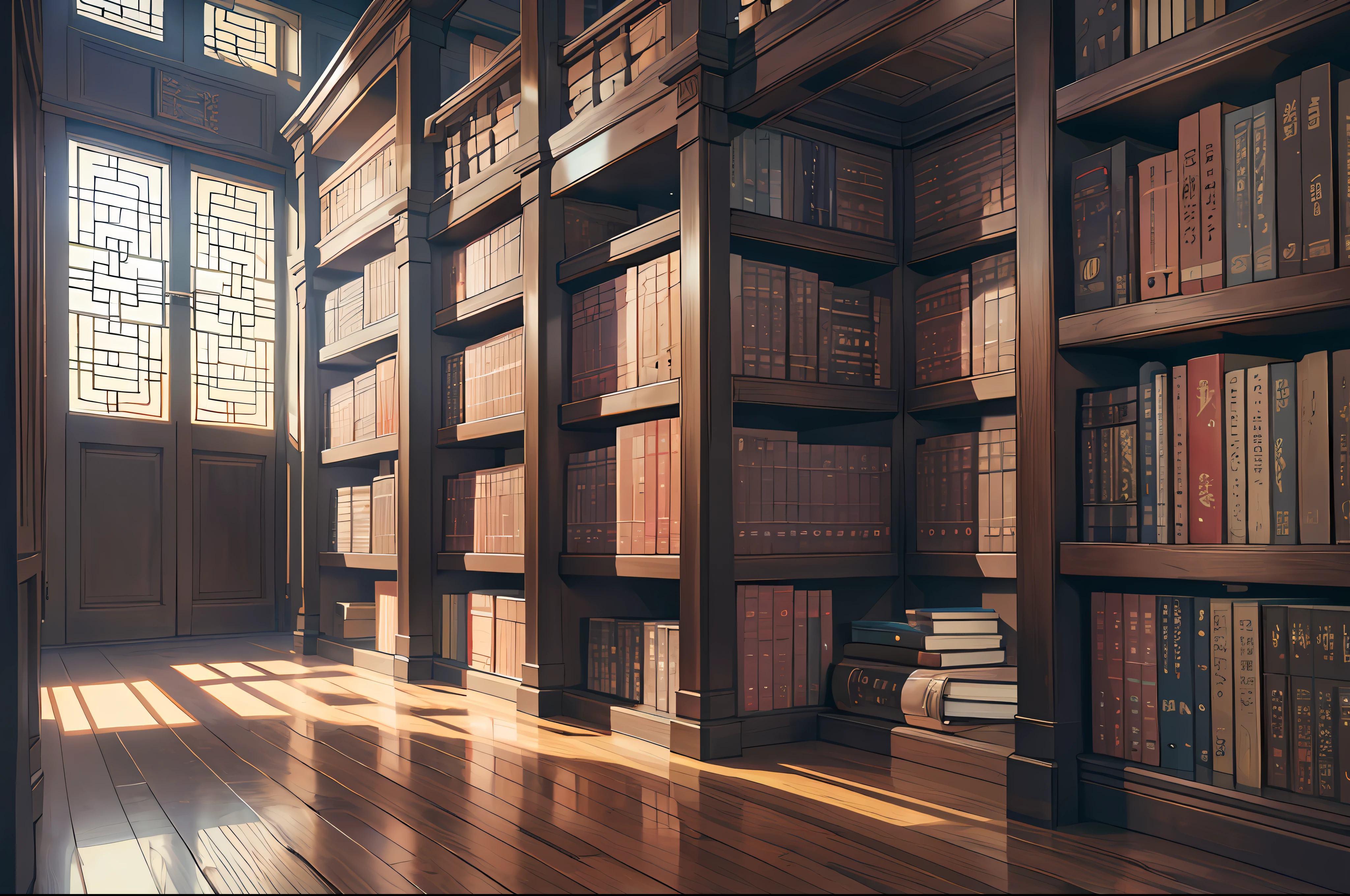 Best quality, masterpiece, high resolution, library cabinet, wooden, stairs, four floors, lots of books, back of a boy, looking ahead, 18 years old, short black hair, white pajamas, 4k, 8k,. Chinese ancient style. ,8K UHD, DSLR, soft light, high quality, volumetric light, from the side, Photo, high resolution, 4K, 8K.