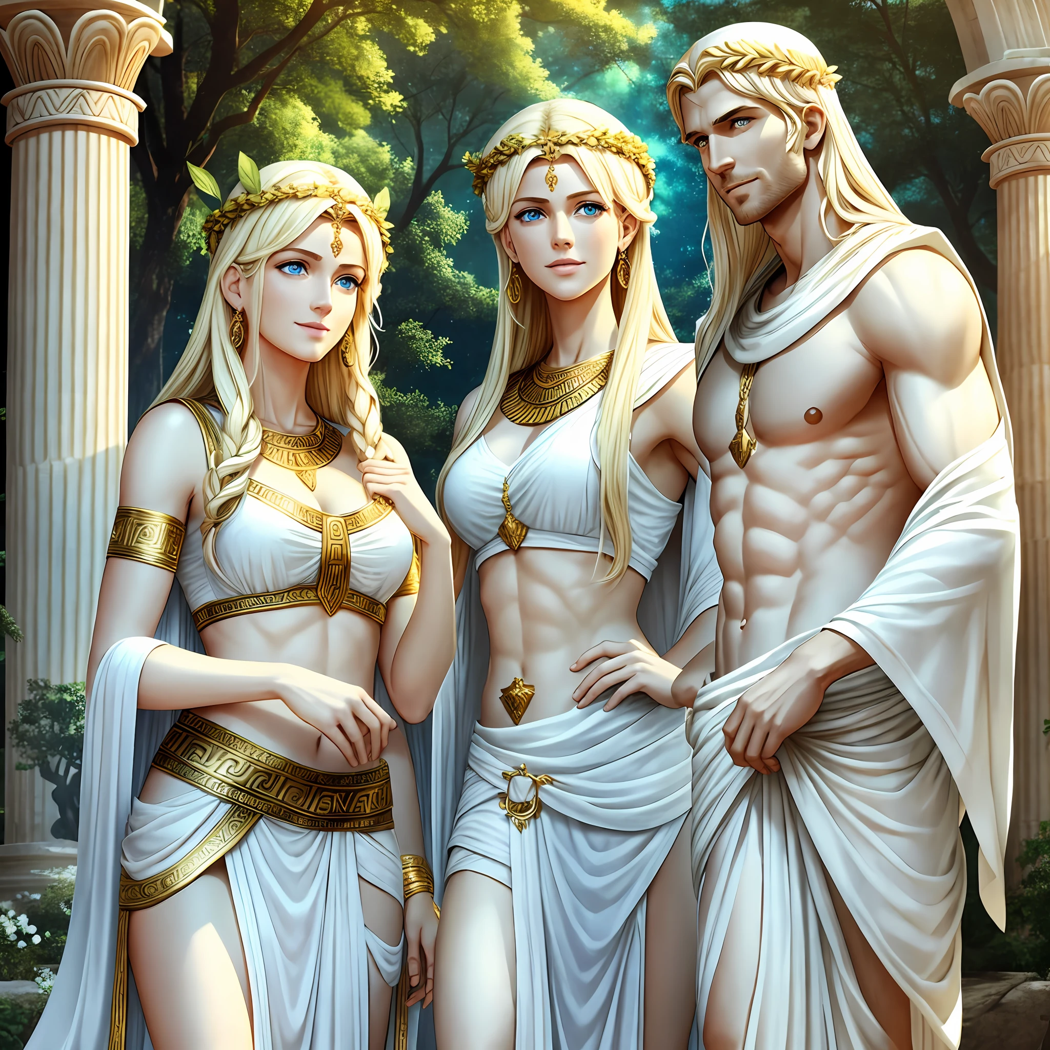 (two goddesses) and (one male god) are just arrived at Mt.Olympus, "the first is mother goddess of mercy and fertility, with blonde hair and blue eys, is fair-skinned, looks very mild and gentle, is smiling happily, wears (long:1.3), loose, (black:1.3), greek toga", "the second is young goddess of wild nature and hunting, with blonde hair and blue eyes, is fair-skinned, is (tall) and ((slender)), shows off her pair of perfect long legs, wears a (very short: 1.7) , (white:1.5), sleeveless greek chiton, looks (stern) and ((irritated))", "the third is young male god of civilization and prophecy, with blond hair and blue eyes, is fair-skinned, is tall and musclar, (is joking and laughing), wears a white greek (male toga) and laurel wreath", Greek mythology, family ties, photorealistic, super high quality, super detail, super hand description, masterpiece, 8K, HDR