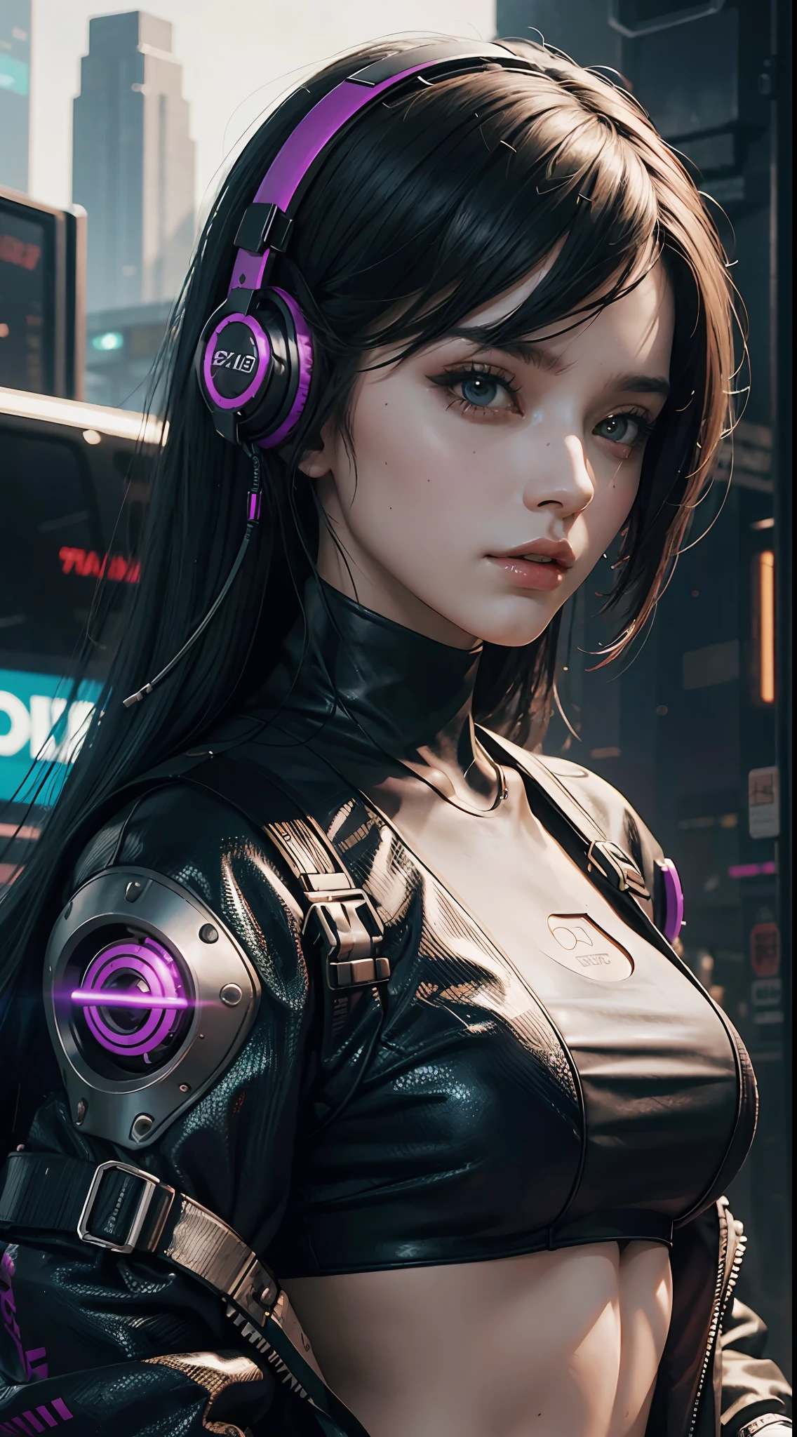 a woman with headphones holding a cell phone, cyberpunk beautiful girl, cyberpunk girl, cyberpunk woman, diesel punk female, the cyberpunk girl portrait, trending in art station, hyper-realistic cyberpunk style, cyberpunk style ， hyperrealistic, beautiful cyberpunk woman model, beautiful cyberpunk girl face, high quality cyberpunk art, female cyberpunk anime girl, dreamy cyberpunk girl, cyberpunk women, cyberpunk character, Close Potrait, Close picture, Half body shot