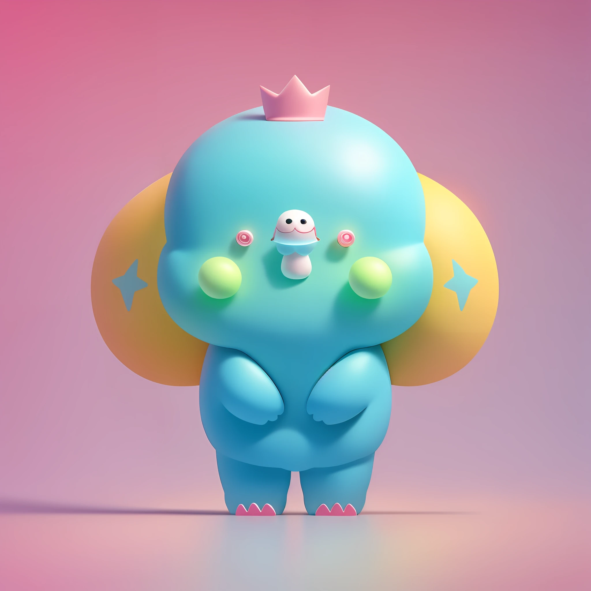 Blind box toy style, blender rendering, cute, blue body, yellow crown, pink blush