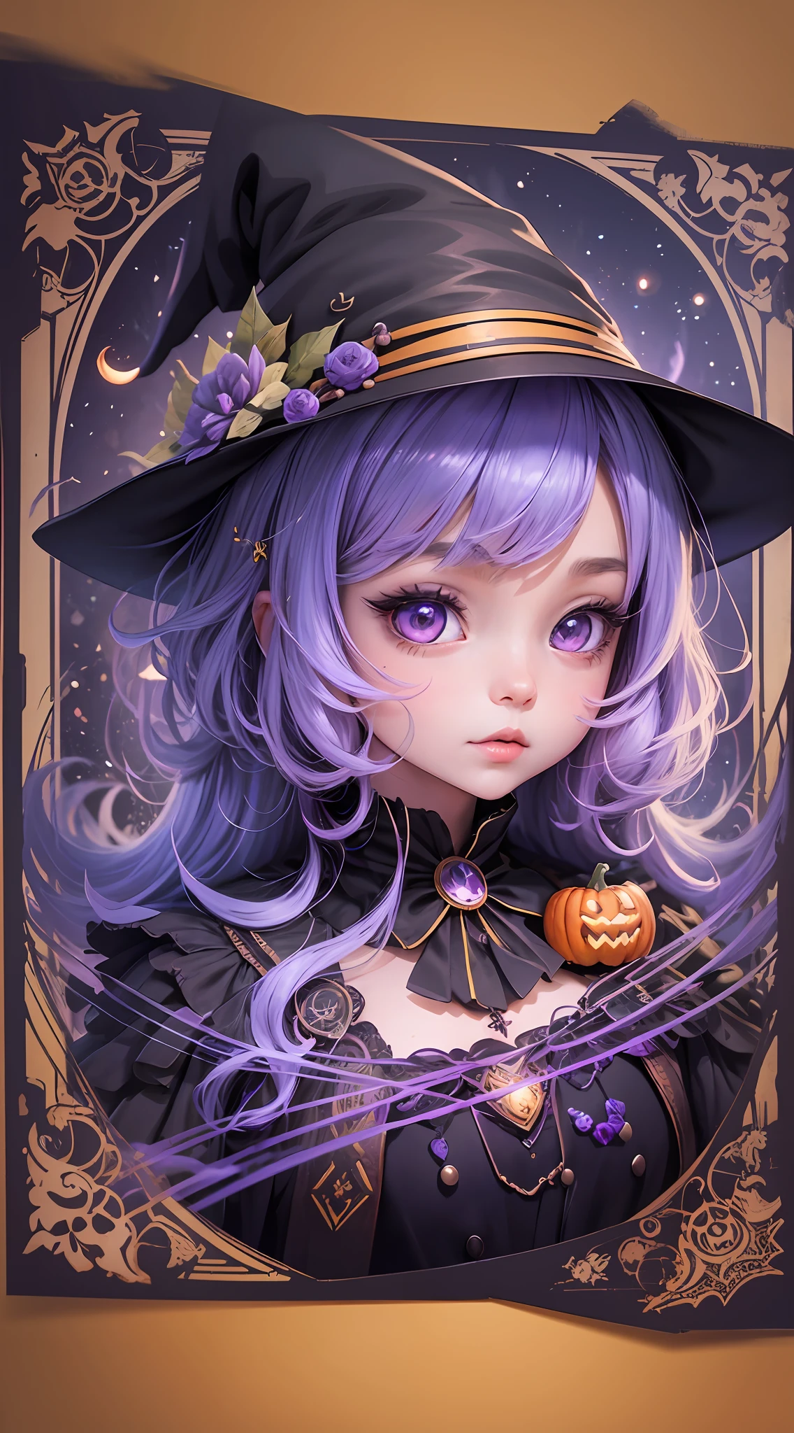 illustration of a cute witch , pumpkins , halloween, scary trees, manga style, kawaii, black, purple, blue , gold, freplace detailed, cute, kawaii, chibi, manga style, illustration, vintage style, epic light, fantasy, fantasy art, watercolor effect, bokeh, adobe illustrator, hand drawn, digital painting, low-poly, retro aesthetic, character focused, 4k resolution, using 4d cinema, white outline, vivid printing,  watrecolor painting, illustration, 4k, manga style, detailed binder, detailed potions, Tim Burtons night before christmas