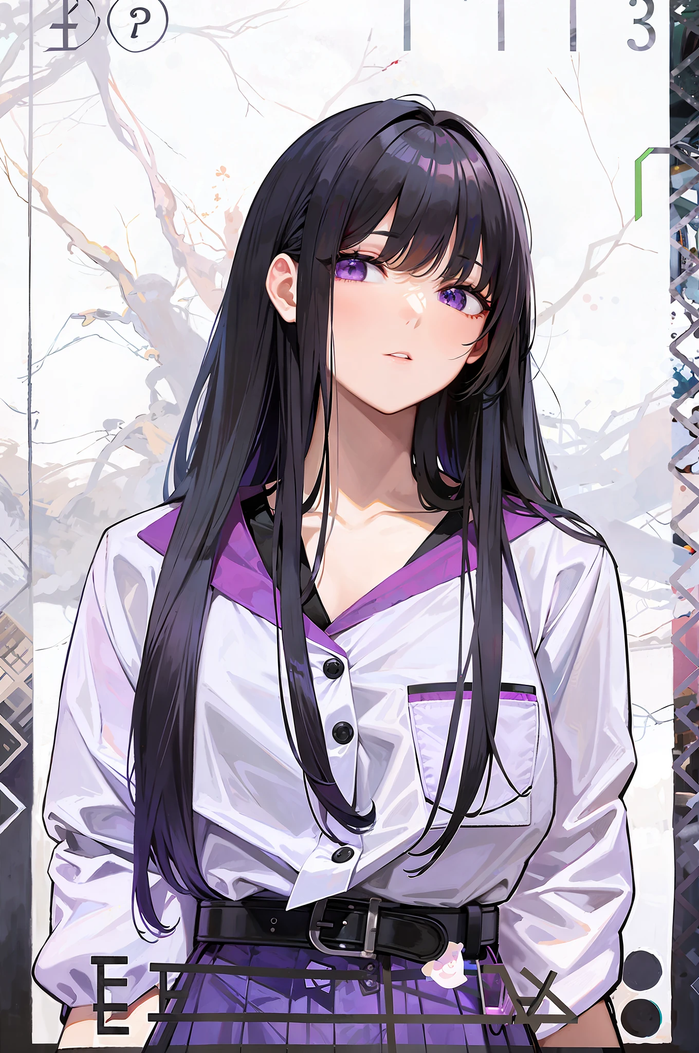 Anime, girl, 8k, black hair, bangs, purple shirt, long skirt, belt