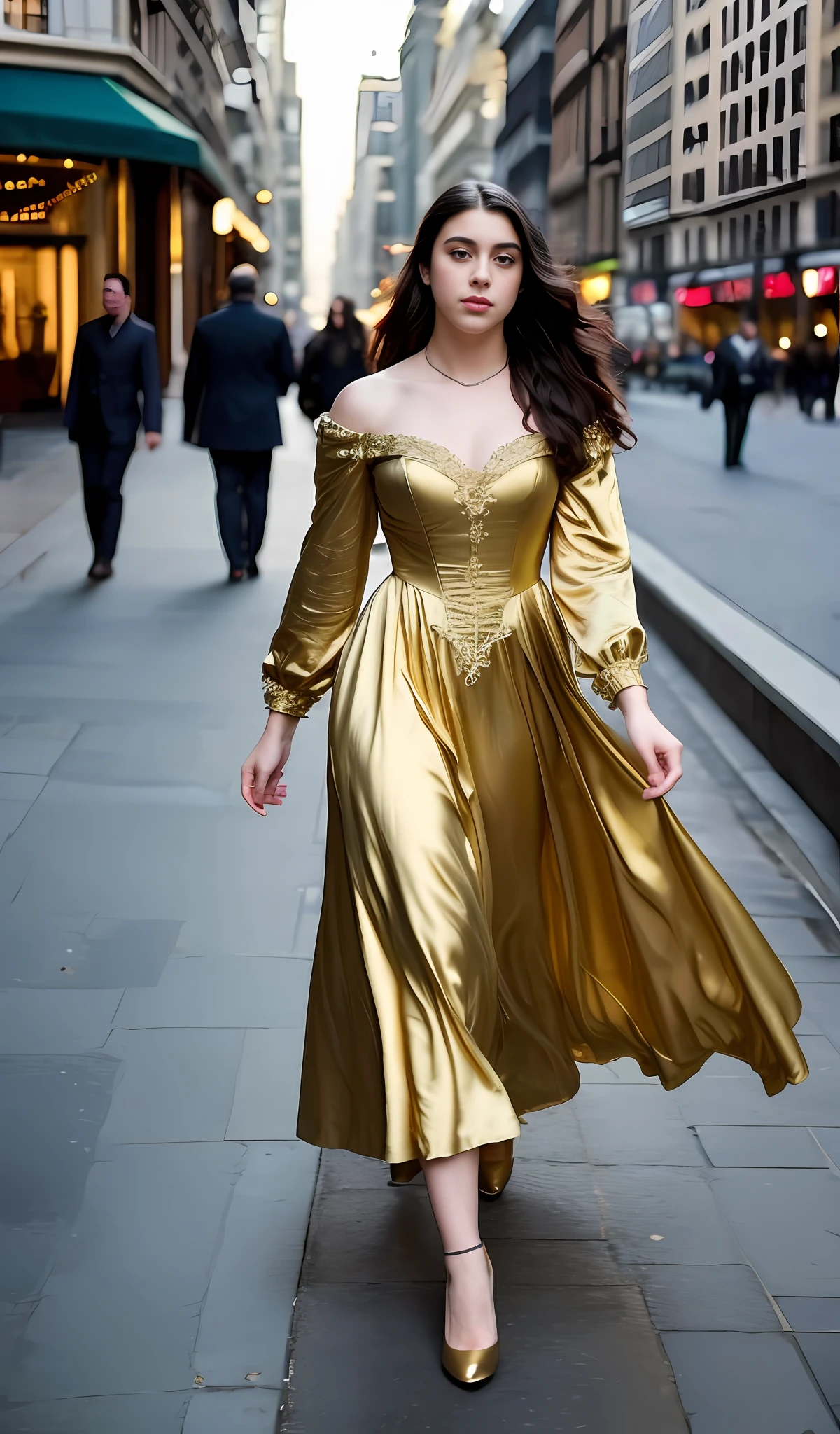 "((masterpiece)), best quality, sensual Victorian dress, happy and elegant Lauren Jauregui strolling through a lively city, [+exciting scenery],[-overcast, -blurry], wide shot, [+golden hour light], [+soft shadows]."