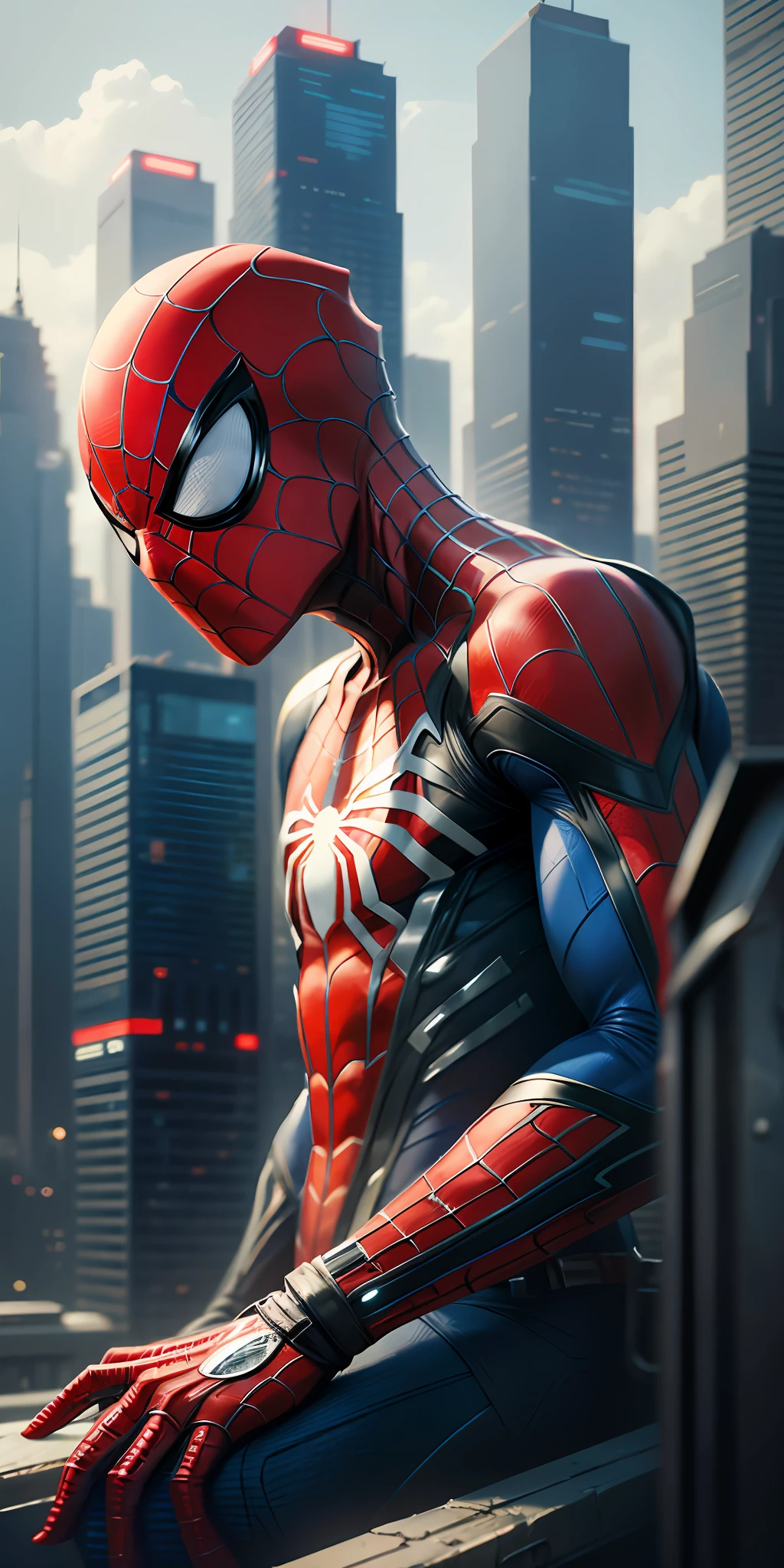 Photorealistic, 8k resolution, highest Image quality, Spider-Man, white and red only suit, cyberpunk, futuristic suit, ultra detailed, cobweb background, Waiting to start --auto --s2