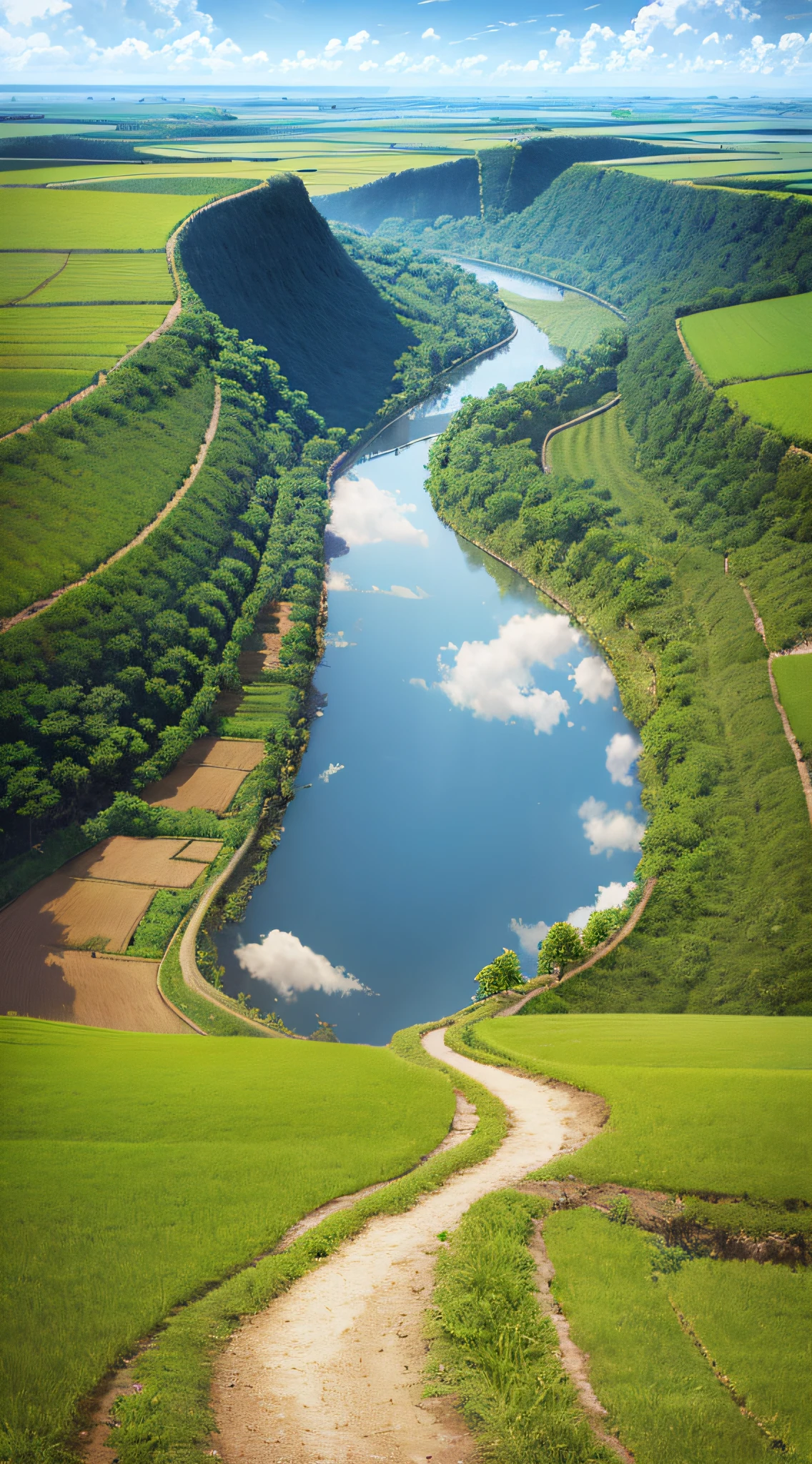 An old farmer carrying a flat burden, walking on the winding path of the countryside, big clouds, blue sky, rice fields, neat rice seedlings in the field, forest, hillside, secluded, countryside, HD detail, hyper-detail, cinematic, surrealism, soft light, deep field focus bokeh, ray tracing and surrealism. --v6