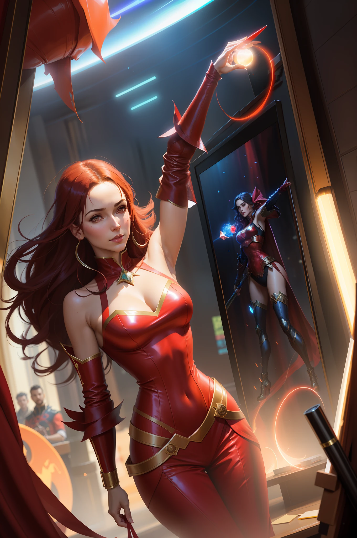 arafed woman in a red costume use magic in her hand, extremely detailed artgerm, artgerm and ruan jia, concept art | artgerm, artgerm detailed, artgerm julie bell beeple, wlop and artgerm, artgerm. anime illustration, by ruan jia and stanley artgerm