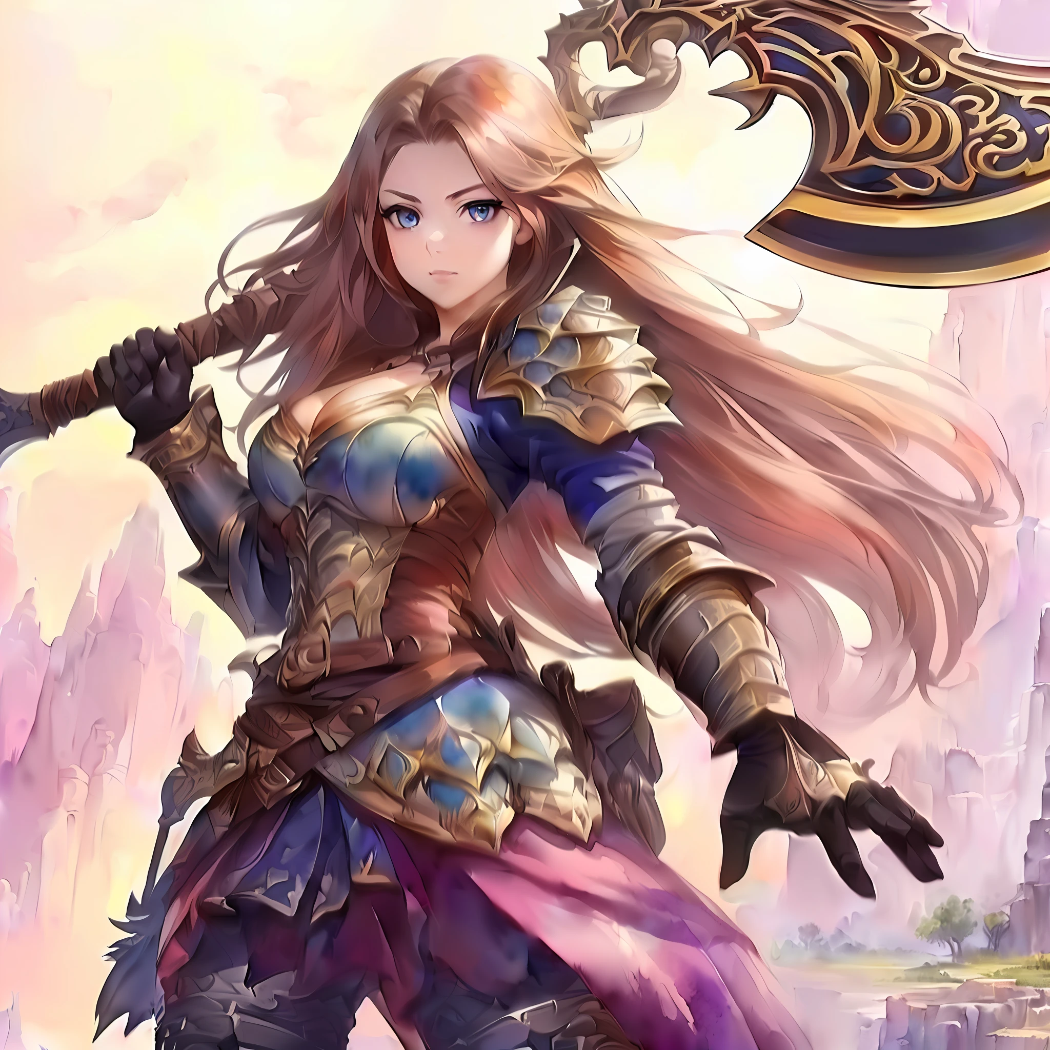 an extremely beautiful girl an adventurer with a battle axe, Large-breasted, beautiful eyes, happy, extremely detailed face and eyes, beautiful hair, beautiful detailed armor, very beautiful detailed fantasy landscape, extremely detailed, super fine illustration, (((beautiful waifu animation style))), (((watercolor wash))), line art, (((upper body shot))), (((dynamic angle))), approaching perfection, perfect ???????, golden ratio, 5 finger ,prefect and regular fingers, insanely detailed, fantasy, concept art, (((masterpiece))), epic, cinematic, hyperdetailed painting