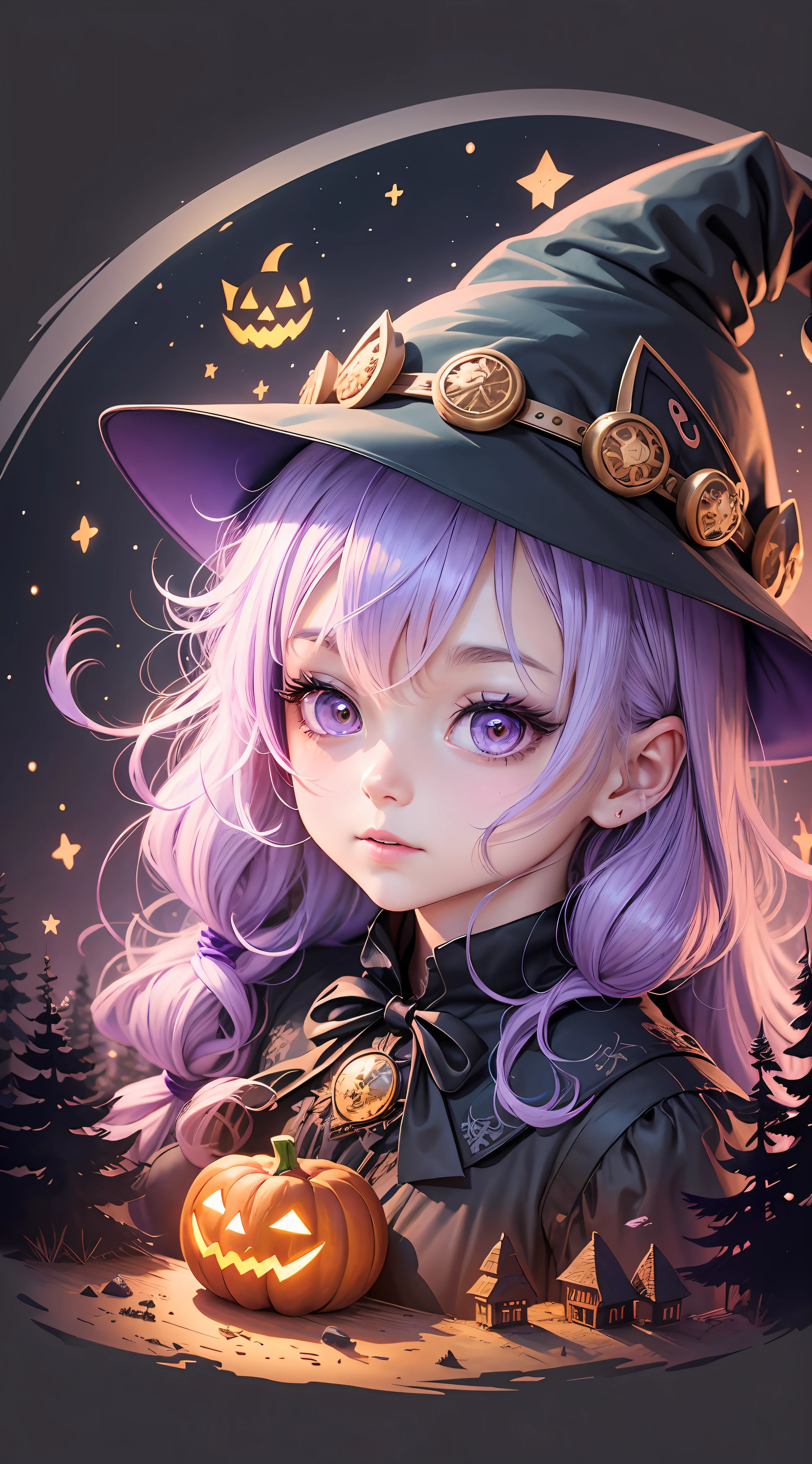 illustration of a cute witch , pumpkins , halloween, scary trees, manga style, kawaii, black, purple, blue , gold, freplace detailed, cute, kawaii, chibi, manga style, illustration, vintage style, epic light, fantasy, fantasy art, watercolor effect, bokeh, adobe illustrator, hand drawn, digital painting, low-poly, retro aesthetic, character focused, 4k resolution, using 4d cinema, white outline, vivid printing, watrecolor painting, illustration, 4k, manga style, detailed binder, detailed potions, Tim Burtons night before christmas