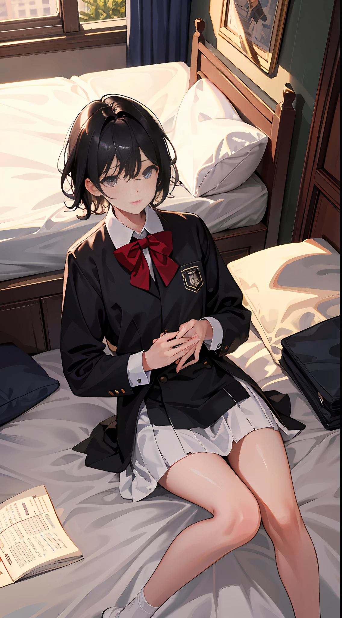 Masterpiece, best quality, super detailed, illustration, medium view, beautiful detailed eyes, ((long view, wide angle 1.31)), 3 girls, student uniform, one boy, short black hair, comma hair. In bed