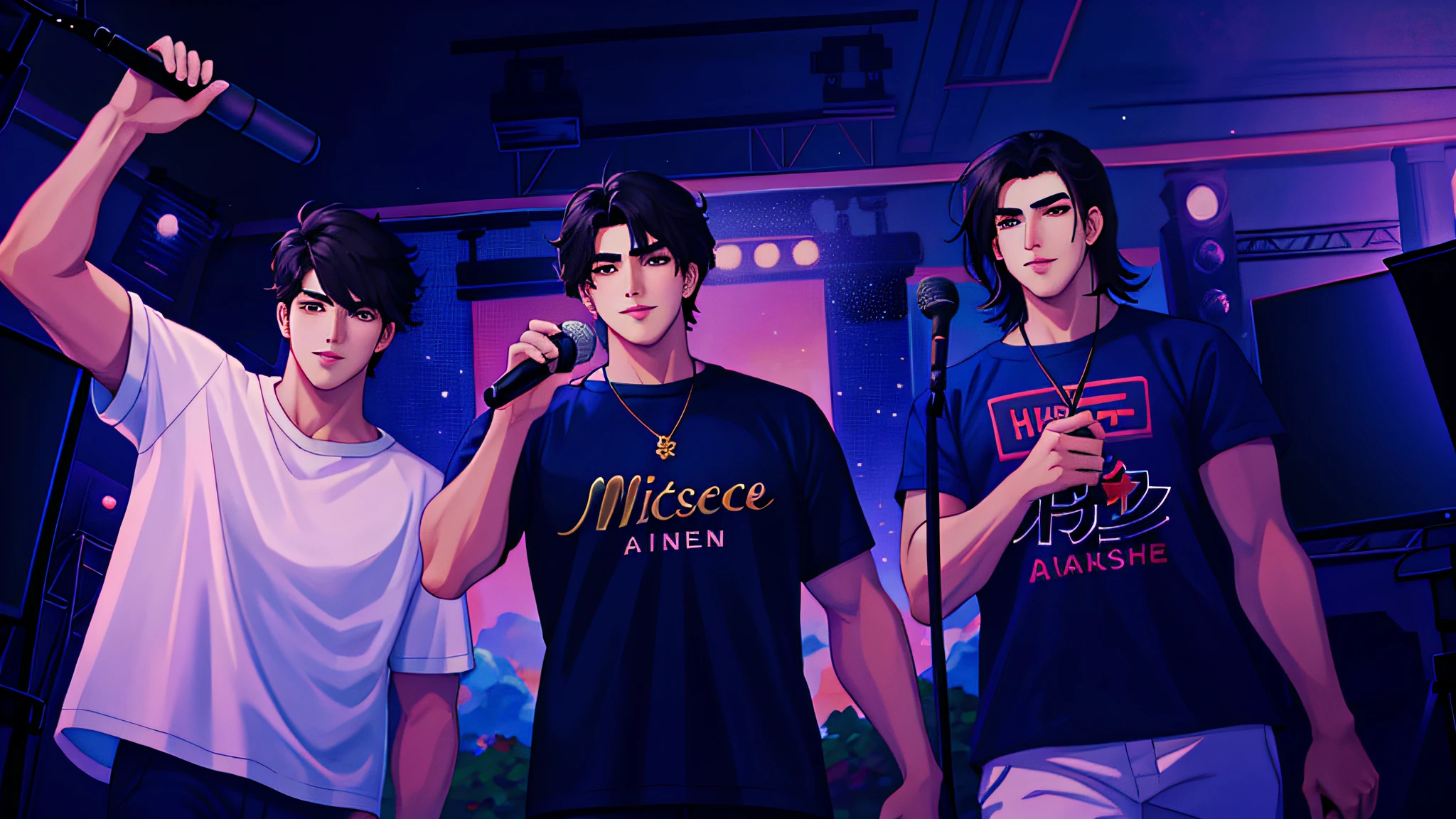 (high resolution, excellent_image), looking at the viewer, men, ((microphone in hand)), masterpiece, (looking at the viewer), illustration, beautiful detailed eyes, looking at the viewer, anime-style face, anime-style hair, shoulder-length, bangs, anime style, detailed eyes, like in anime cartoon, angular jaw, thick neck, thick eyebrows (Anime boys) black hair, bangs, 30 years old, mature, young,  tall and strong
