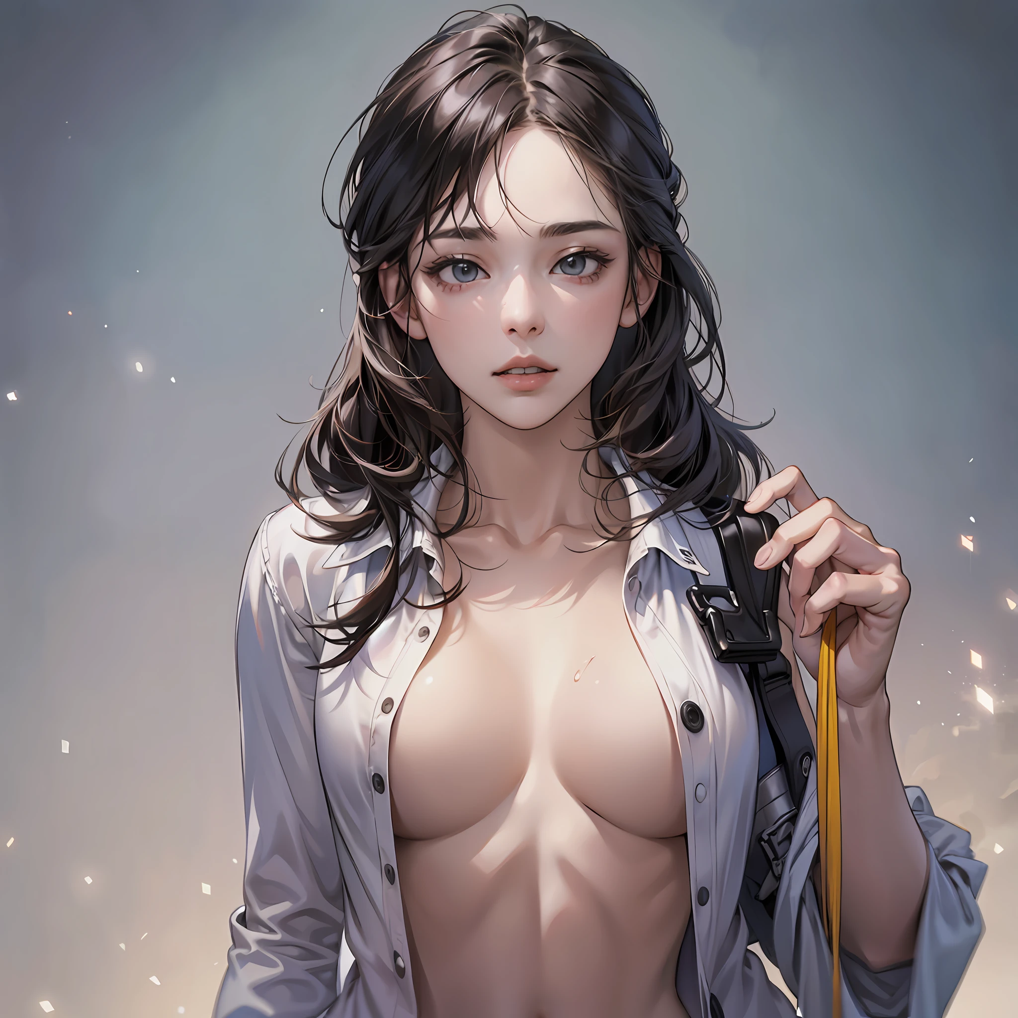 An ultra-realistic depiction of a girl with thin clothing and no bra, boasting carefully detailed curves, captured in high definition.