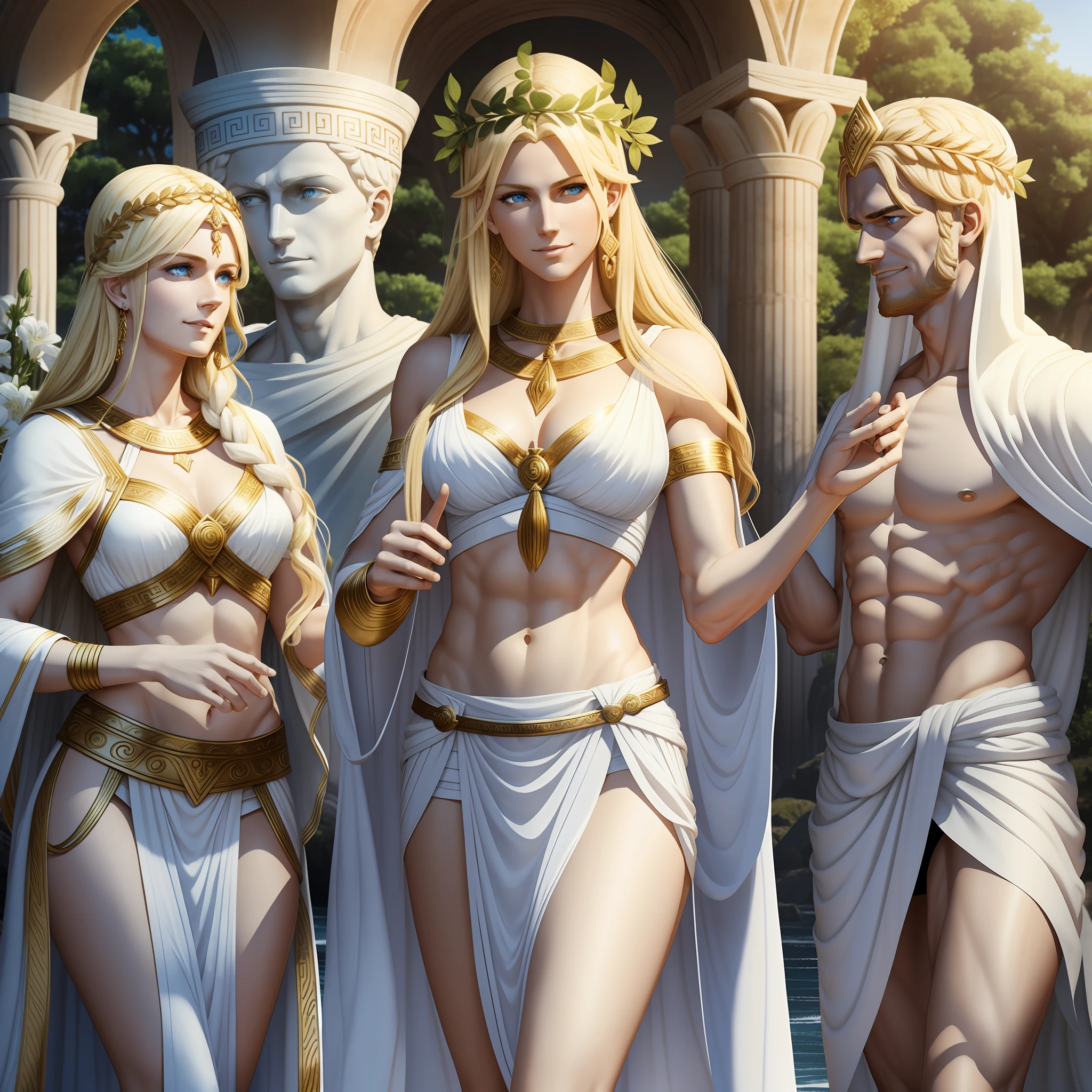 (two) goddesses and (one) male god are just arrived at Mt.Olympus, "the first is mother goddess of mercy and fertility, with blonde hair and blue eys, is fair-skinned, looks very mild and gentle, is smiling happily, wears (long:1.3), loose, (black:1.3), greek toga", "the second is young goddess of wild nature and hunting, with blonde hair and blue eyes, is fair-skinned, is (tall) and ((slender)), shows off her pair of perfect long legs, wears a (very short: 1.7) , (white:1.5), sleeveless greek chiton, looks (stern) and ((irritated)) against her brother god's joke", "the third is young male god of civilization and prophecy, with blond hair and blue eyes, is fair-skinned, is tall and musclar, (is joking and laughing), wears a white greek (male toga) and laurel wreath", Greek mythology, family ties, photorealistic, super high quality, super detail, super hand description, masterpiece, 8K, HDR